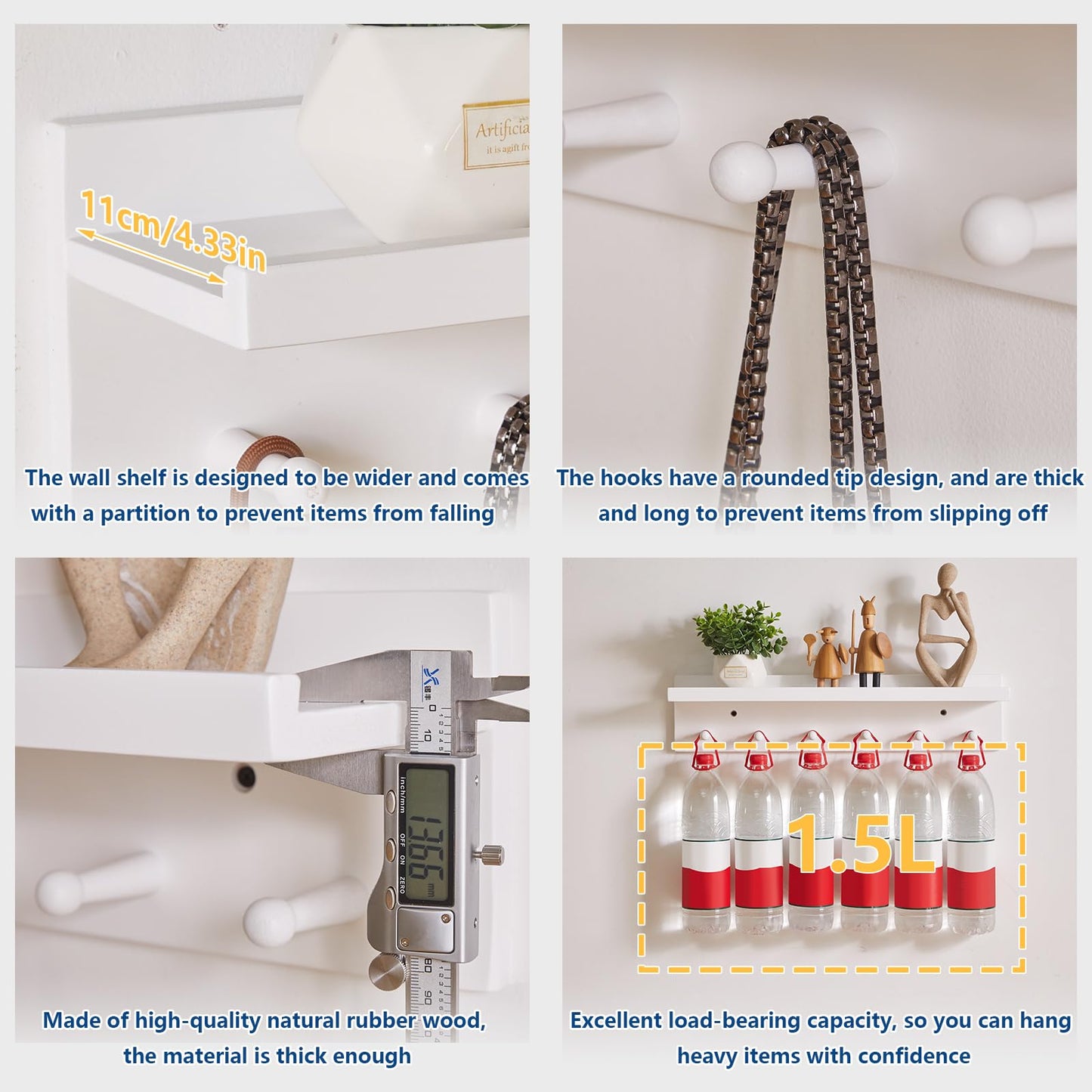 Aibiju Wood Coat Hook with Wall-Mounted Shelf, 23.62in Entryway Wall Hanging Shelf, for Bathroom, Kitchen, Coat Towel Key Organizer White YD-WS0260W