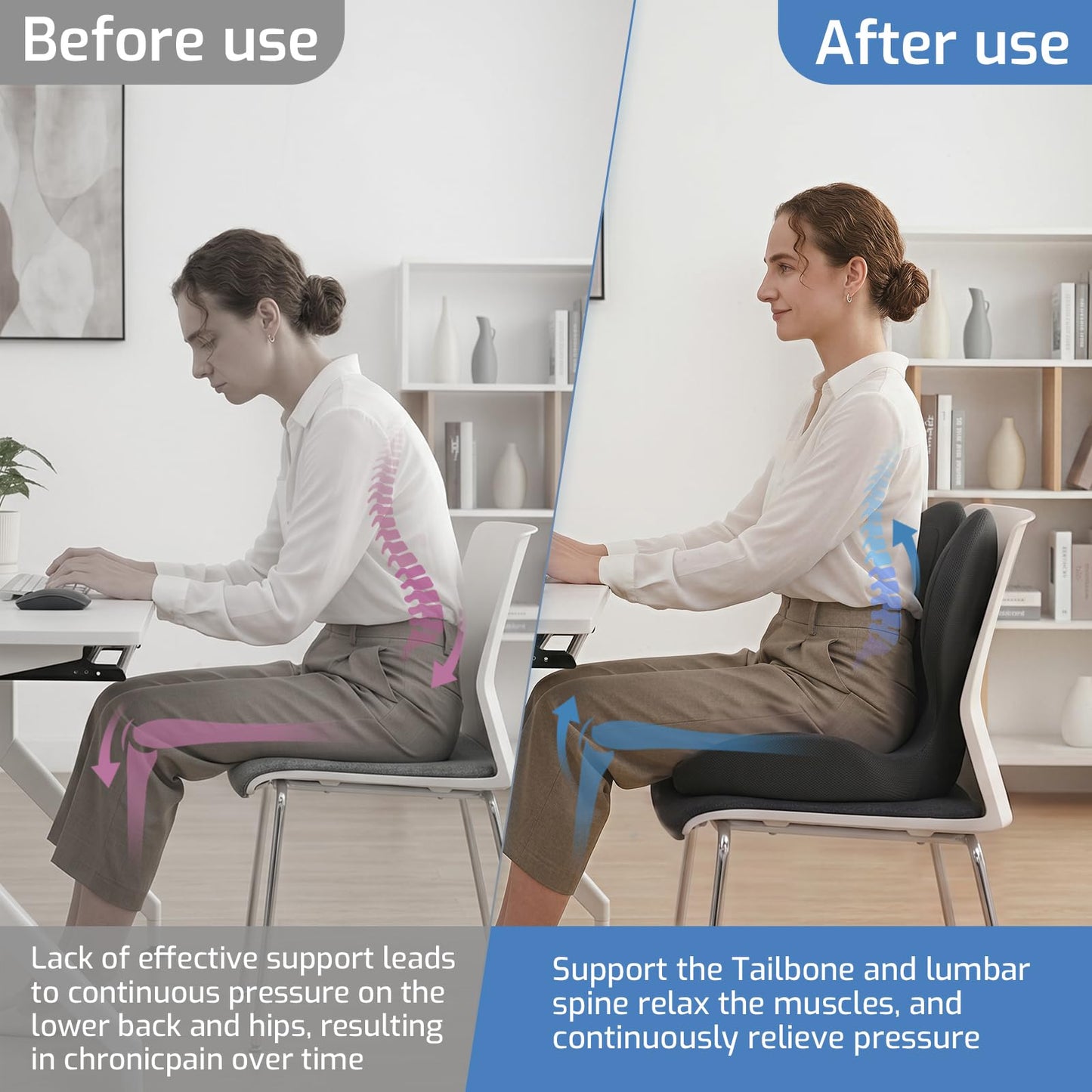 ECONVCE Memory Foam Seat Cushion,Orthopedic Ergonomic Seat Cushions for Tailbone,Sciatica, and Back Pressure Relief,L-Shaped Design & Adjustable Strap,Lumbar Support Pillow for Office,Car,Desk Chair