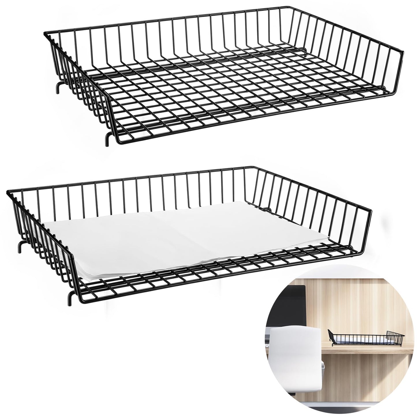 Hicarer 2 Pcs Metal Paper Tray 11 x 17 Inch Iron Wire Grid Desk File Document Letter Tray 11 x 17 Paper Desk Organizer Wide Entry Basket for Office Home (Black)