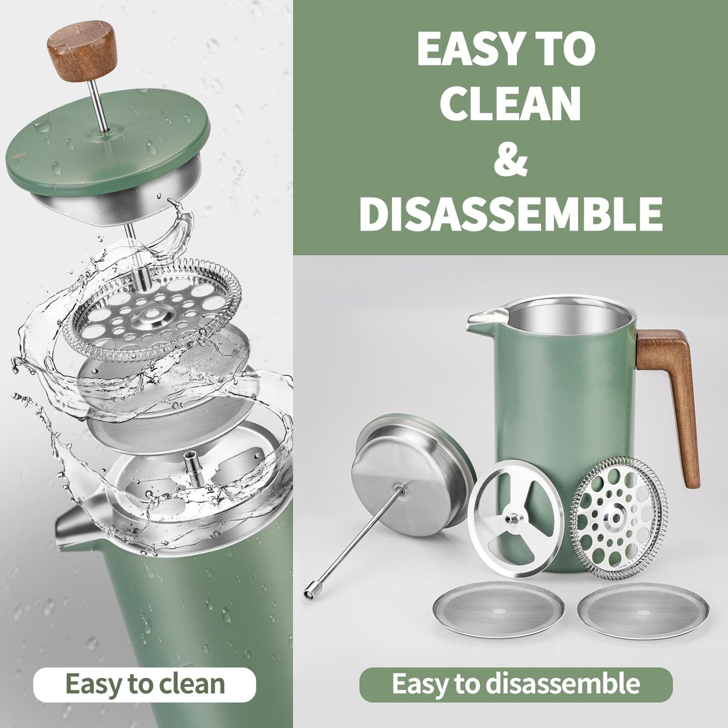 shoxil French Press Coffee Maker, 34oz Stainless Steel Green Coffee Press Real Wood Handle, Double Wall Insulated French Coffee Press with Dual-Filter Screen, Perfect for Camping & Kitchen Use