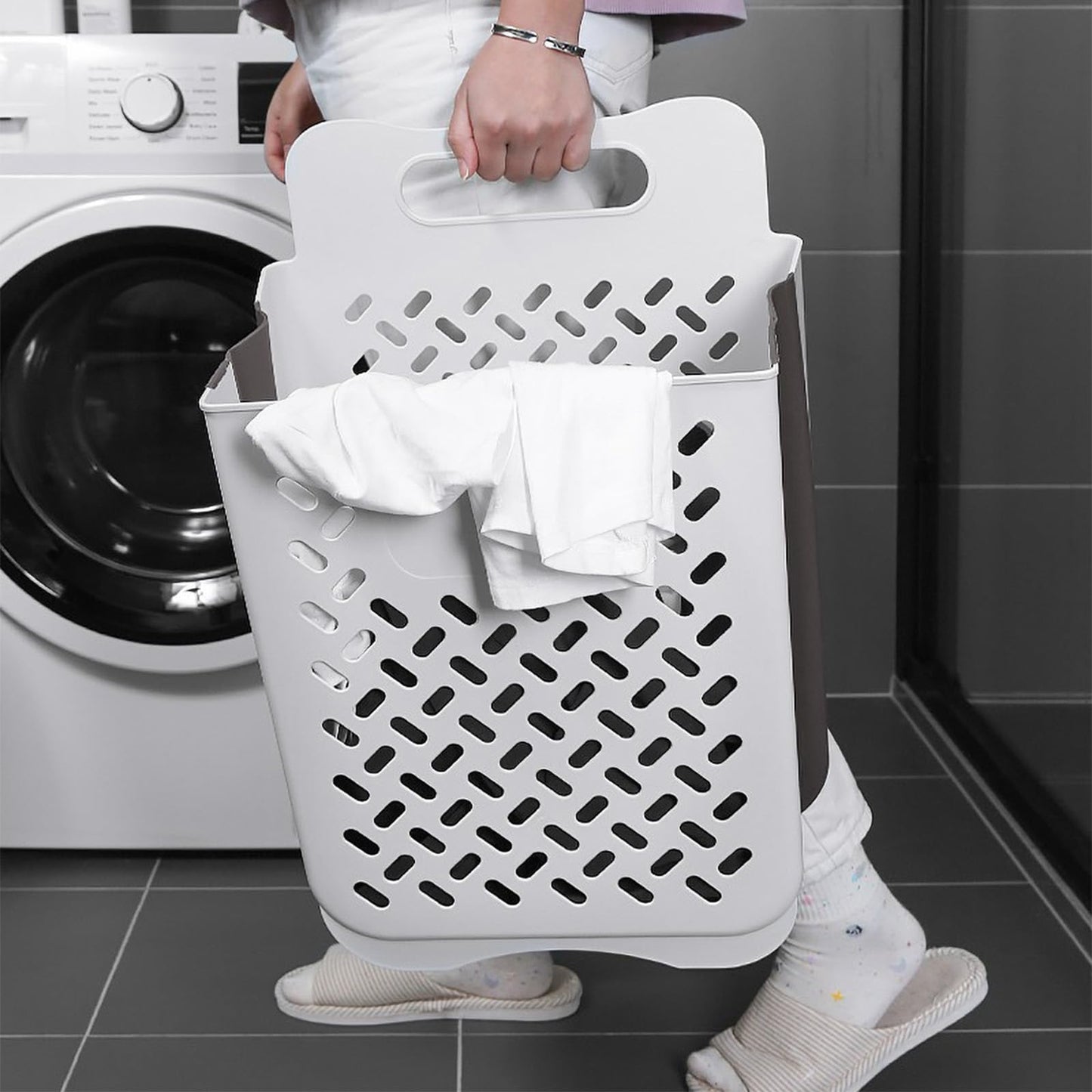 Pansyling Plastic Collapsible Hanging Laundry Baskets with Carry Handle, Space-Saving Wall Hanging Laundry Basket Durable Tall Folding Plastic Laundry Hamper Waterproof Dirty Clothes Organizer XL+L