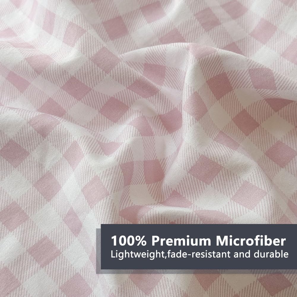 NSNLGSGC Pink Gingham Ruffle Queen Sheet Set, Pink Soft Pre-Washed Microfiber Plaid Queen Bed Sheets, 4-Pieces Farmhouse Sheet Set with Deep Pocket