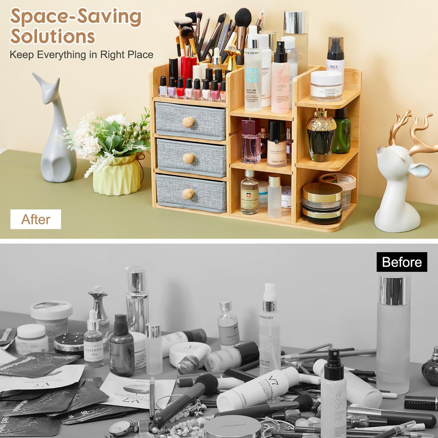 Makeup Organizer Countertop, Cosmetic Skincare Organizers With 3 Makeup Brush Holders/3 Drawers/7 Storage Shelves, Elegant Bamboo Make Up Storage Organizers Holder For Counter Vanity Dresser Bathroom