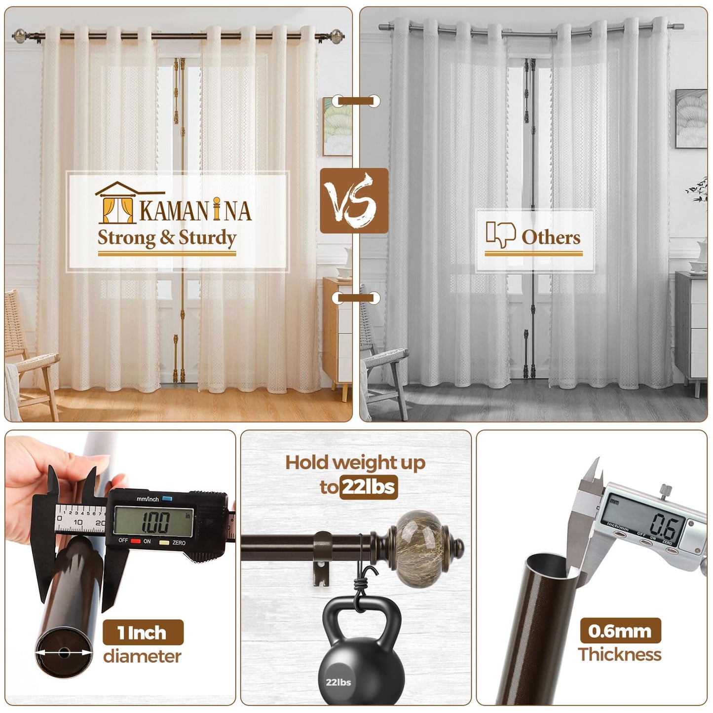 KAMANINA 1 Inch Curtain Rods for Windows 72 to 144 Inches (6-12ft) Bronze Heavy Duty Curtain Rod, Adjustable Long Drapery Rods with Marbled Finials