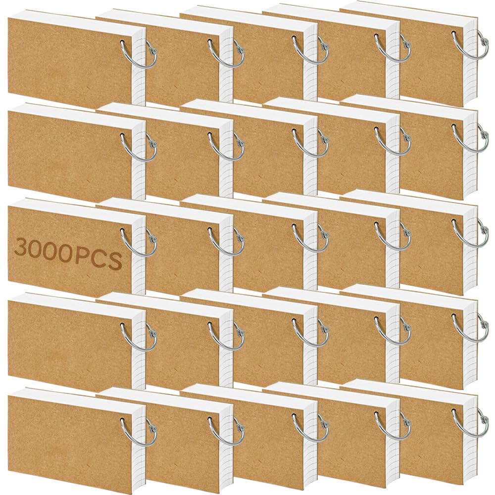 3000 Pcs White Index Cards Bulk with Rings, 3x5 Inch Flash Cards with Holder for Studying, Notecards Lined for Office, Home, School Supplies College, Ruled Index Cards, Double Sided