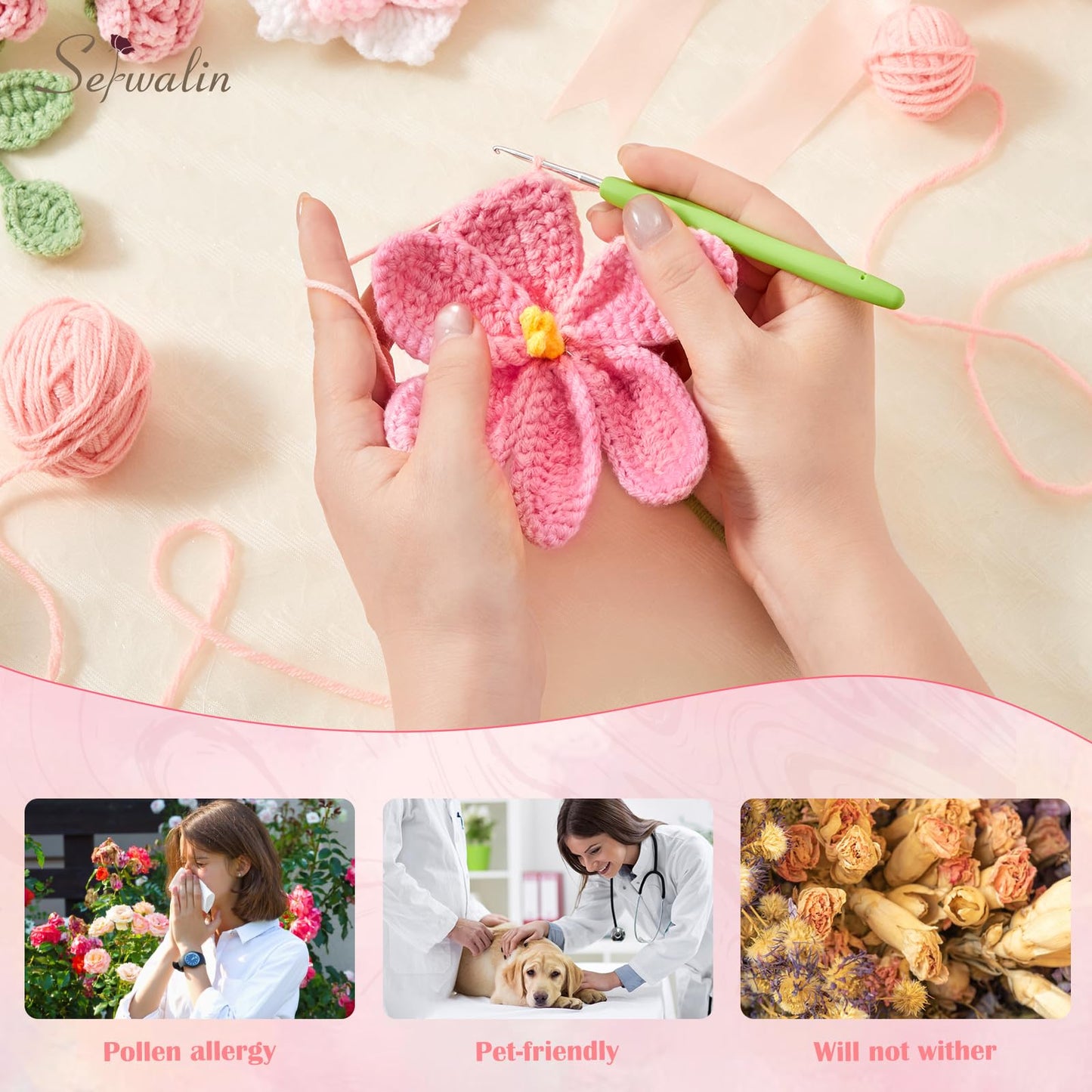 Serwalin Crochet Flower Bouquet, Pink Handmade Knitted Flowers, Crochet Tulips Galsang Flowers for Mother's Day Graduation Teacher Anniversary Birthday for Her, Girlfriend, Wife(Include Card)