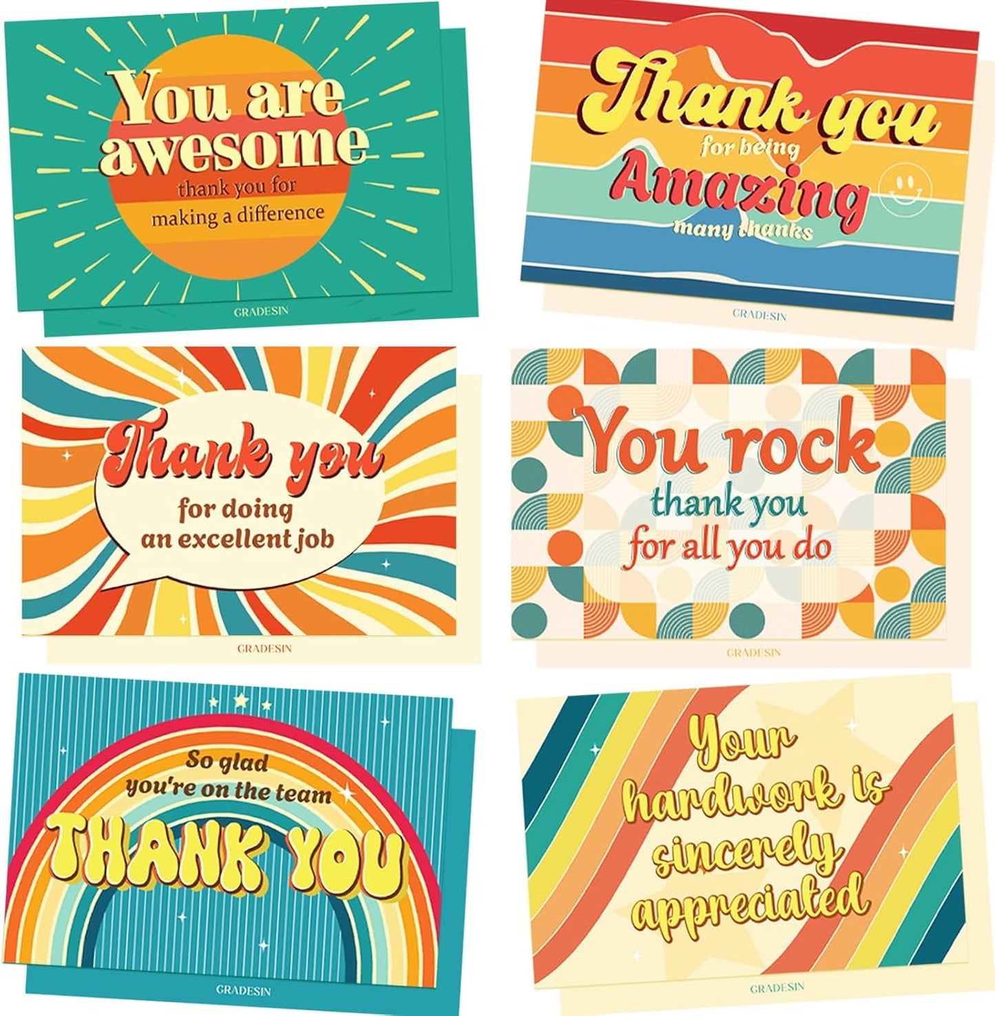 GRADESIN 96 Pack Employee Appreciation Thank you Cards for Coworkers with Envelopes & Stickers 4" x 6" Staff Appreciation Cards Gifts for Work Anniversary, 6 Designs