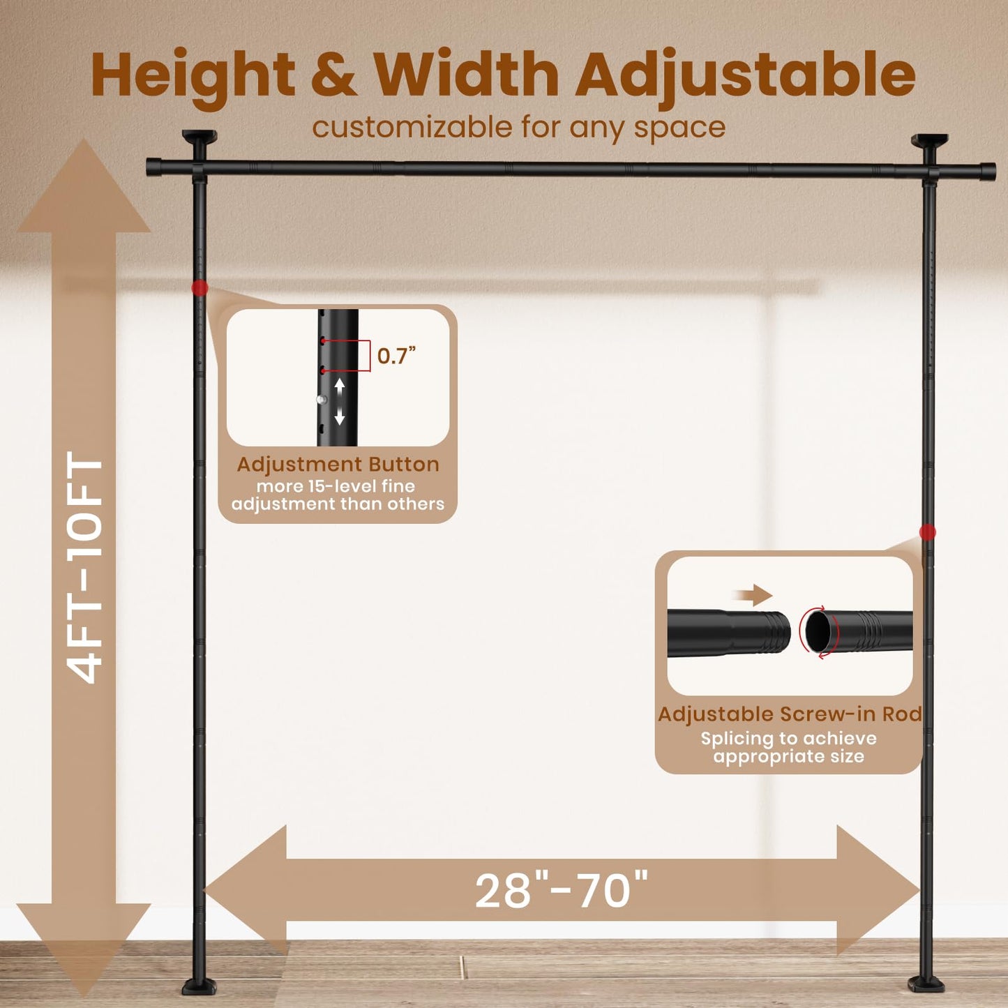 Bonpally Room Divider Curtain Rod, No Drilling Room Separator for Space Partition, 4-10ft (H) 28-70 inch(W) Adjustable Heavy Duty Temporary Wall Divider Floor to Ceiling Tension Rod, Black