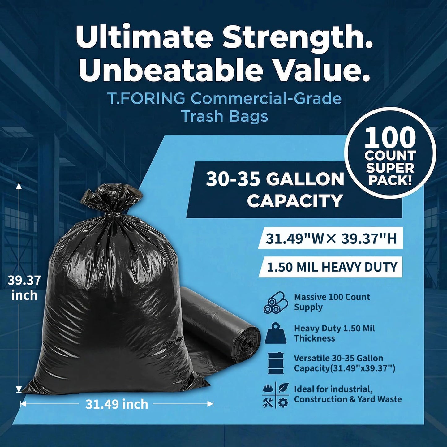 T.FORING 30-35 Gallon Trash Bags Heavy Duty 1.5 Mil - 31" x 39" 100 Count Large Black Garbage Bags 30+ Gallon Strong Plastic Trash Can Liners for Home Kitchen Commercial Lawn and Leaf