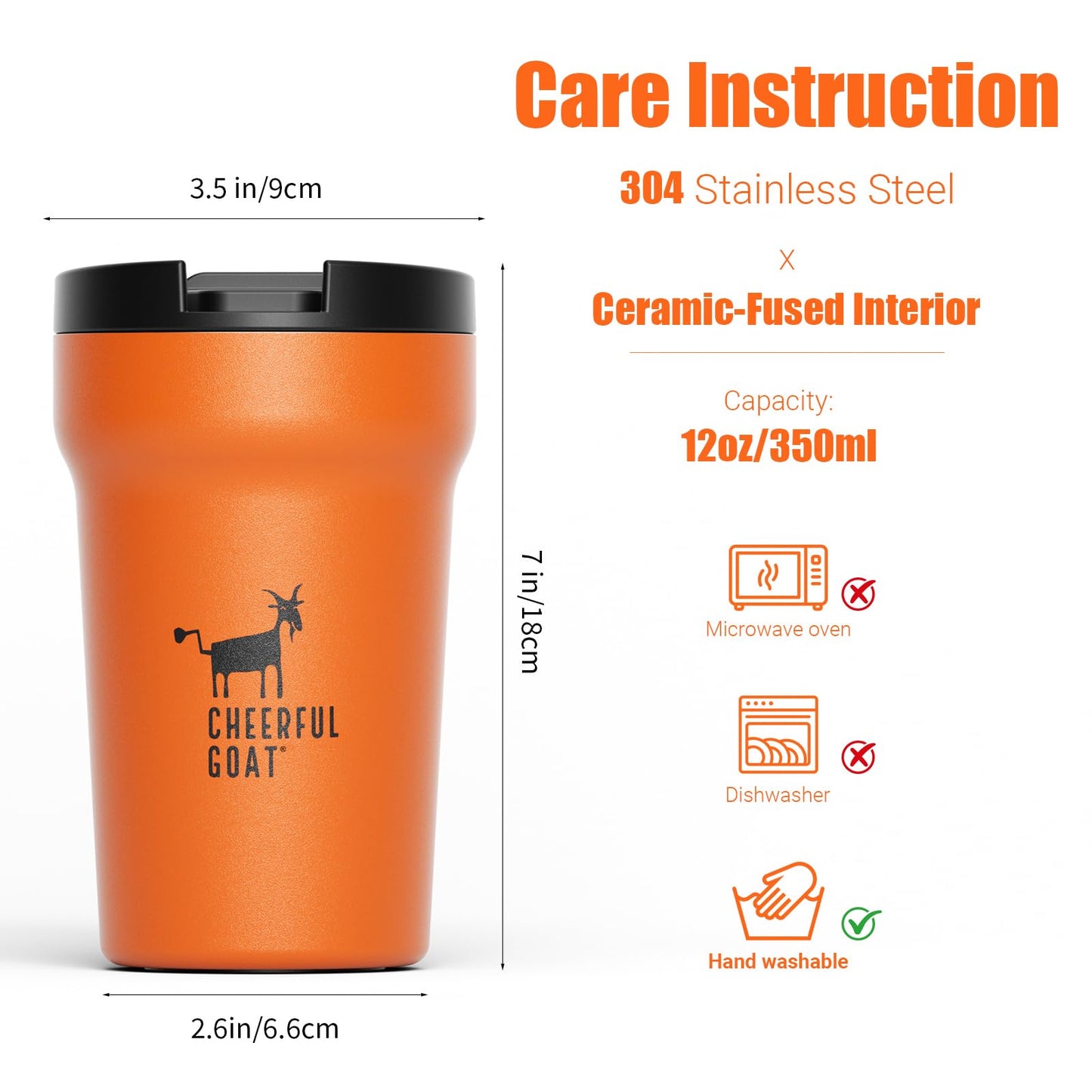 CHEERFUL GOAT Insulated Coffee Mug – Stainless Steel Travel Coffee Tumbler with Ceramic Liner, 12oz Coffee Cup for Hot and Cold Water Coffee at Home, Office, or On the Go (orange)