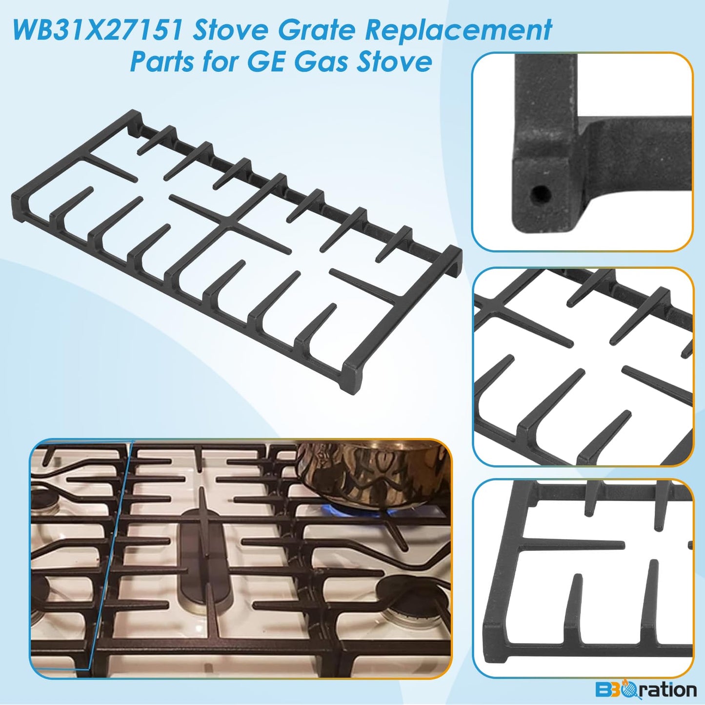 BBQration WB31X27150 Stove Grate Replacement Parts for GE Gas Stove JGBS66REKSS JGBS61RPSS PGB935YPFS, JXGRATE1 WB31X24737 General Electric Gas Range Burner Grate, Stove Surface Top Center Grate
