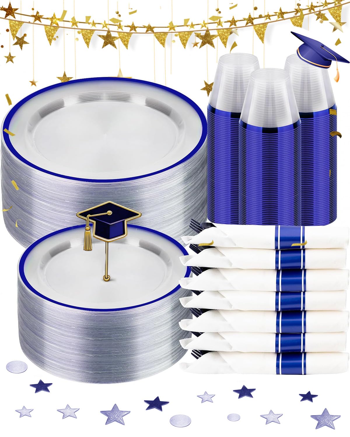 BESTSTAR 350PCS Clear and Blue Disposable Plates Set for 50 Guests, 100 Plastic Plates, 50 Cups, 50 Pre-Rolled Napkins with Plastic Cutlery for Graduation Party, Birthday, Thanksgiving, Christmas