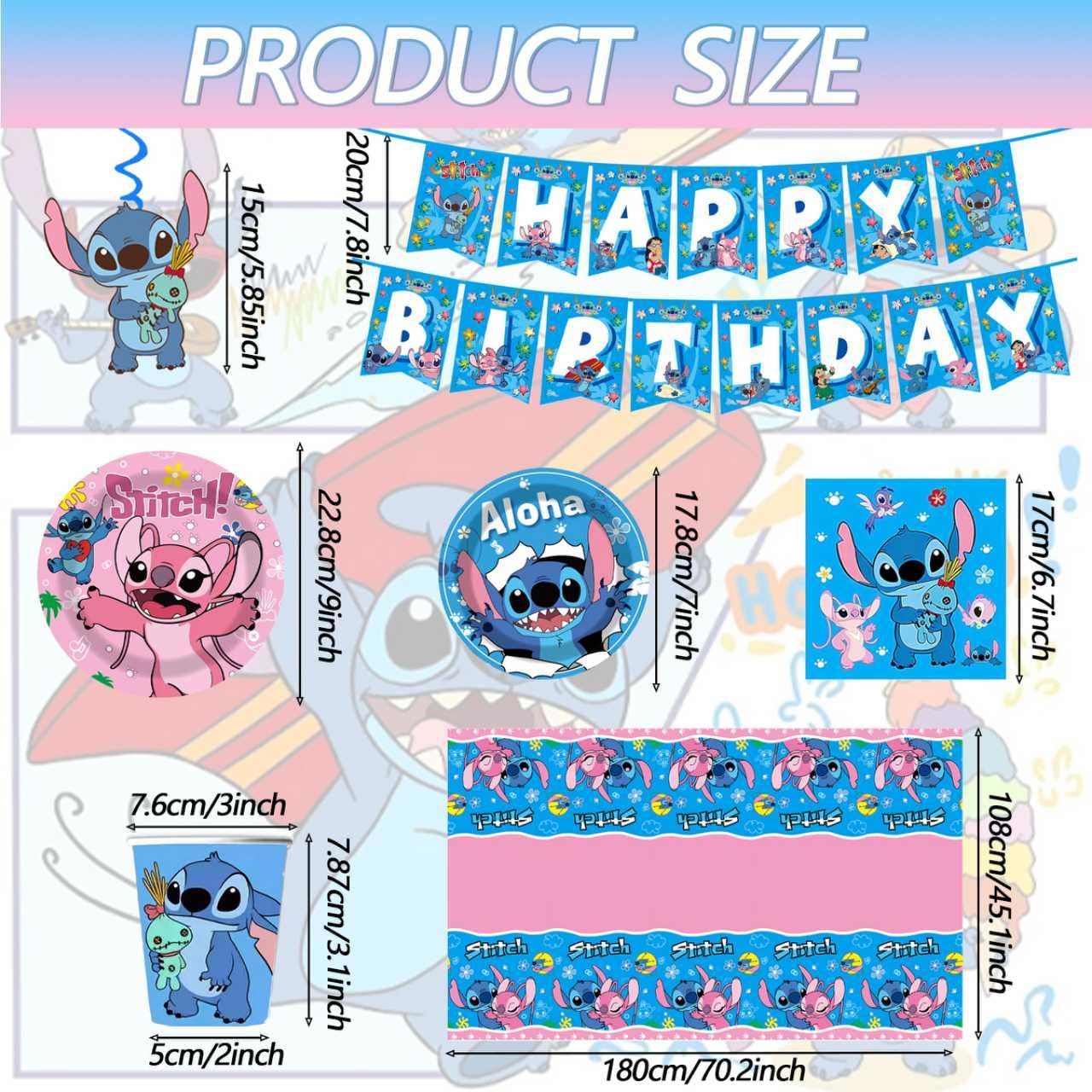 88PCS For Stitch Party Supplies: 6 Hanging Swirls, 20 Napkins, 20 Cups, 20 Plates （9 inch）， 20 Plates 7（ inch）, 1 Banner, 1 Tablecloth for Stitch Birthday Party Decorations