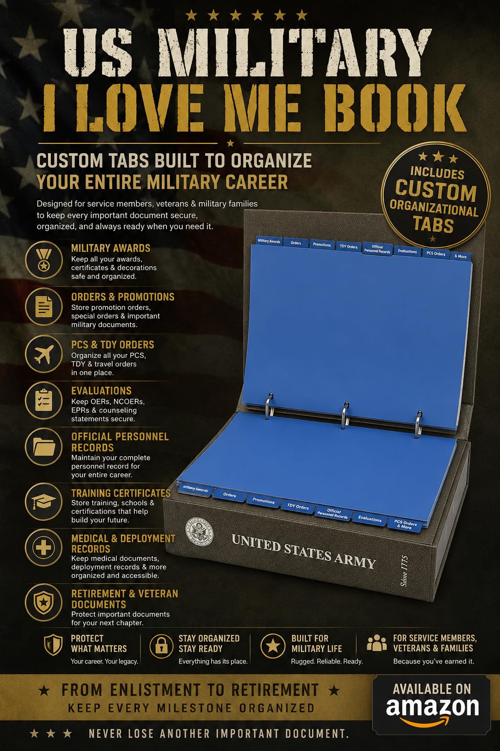 US Military Binder and Box Set - I Love Me Book Series (US Army) - Custom Dividers and Document Protectors Included