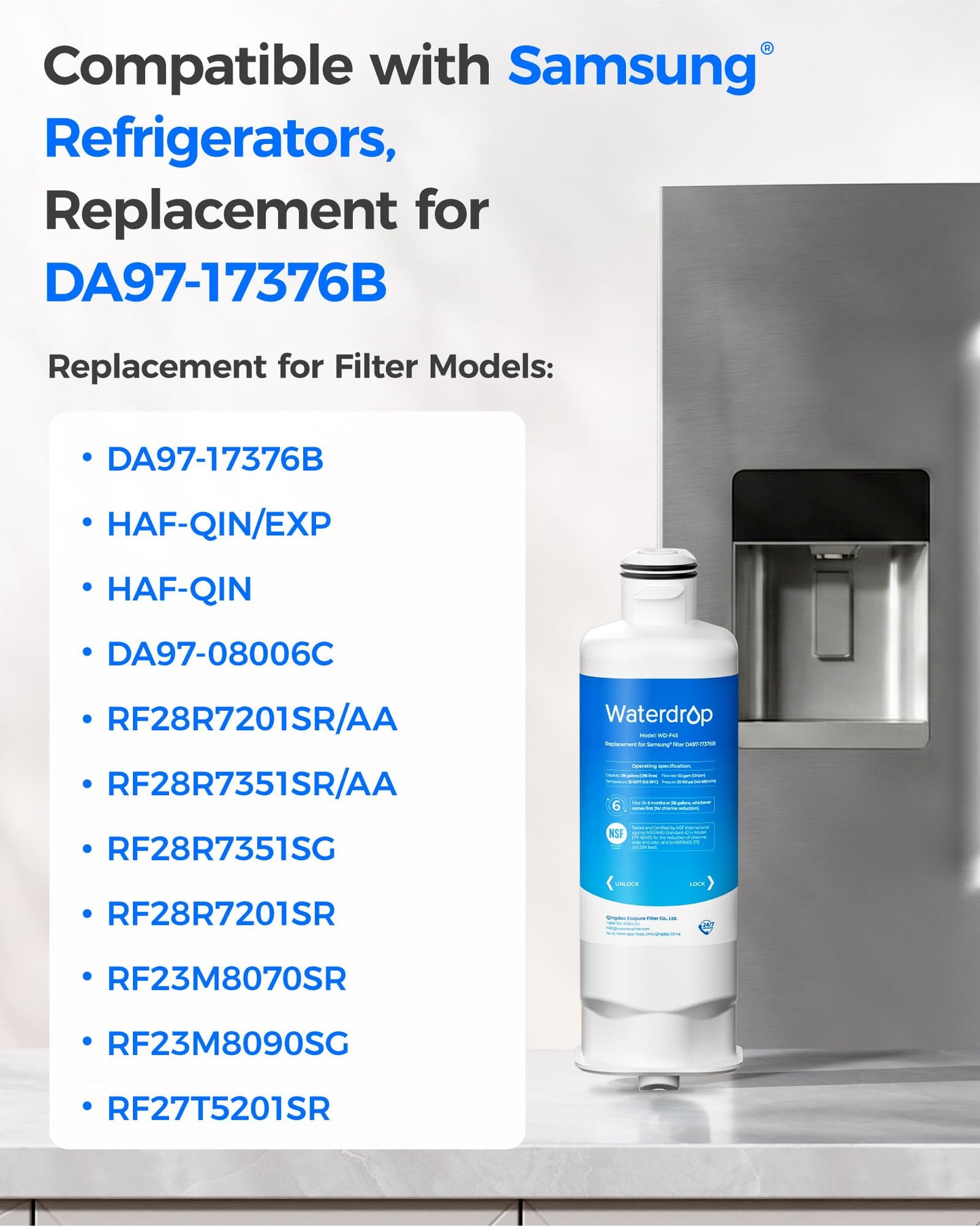 Waterdrop WD-F45 Replacement for Samsung® DA97-17376B, HAF-QIN/EXP, DA97-08006C, RF28R7201SR, RF28R7351SG, Refrigerator Water Filter, 4 Filters