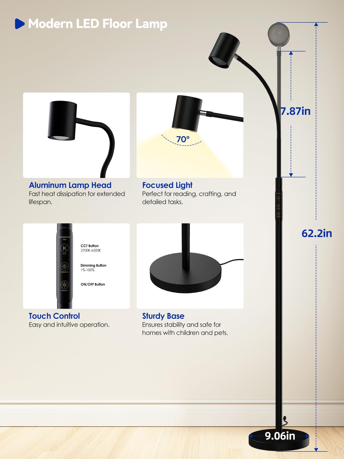 Reading Floor Lamp, 62" Tall LED Floor Lamp, Dimmable Standing Lamp, 7 Brightness & 4 Color Temperature, Adjustable Gooseneck, Touch Control, Task Craft Light for Living Room Bedroom Office,Black
