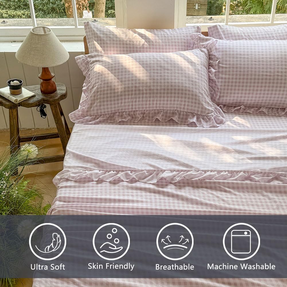 NSNLGSGC Pink Gingham Ruffle Queen Sheet Set, Pink Soft Pre-Washed Microfiber Plaid Queen Bed Sheets, 4-Pieces Farmhouse Sheet Set with Deep Pocket