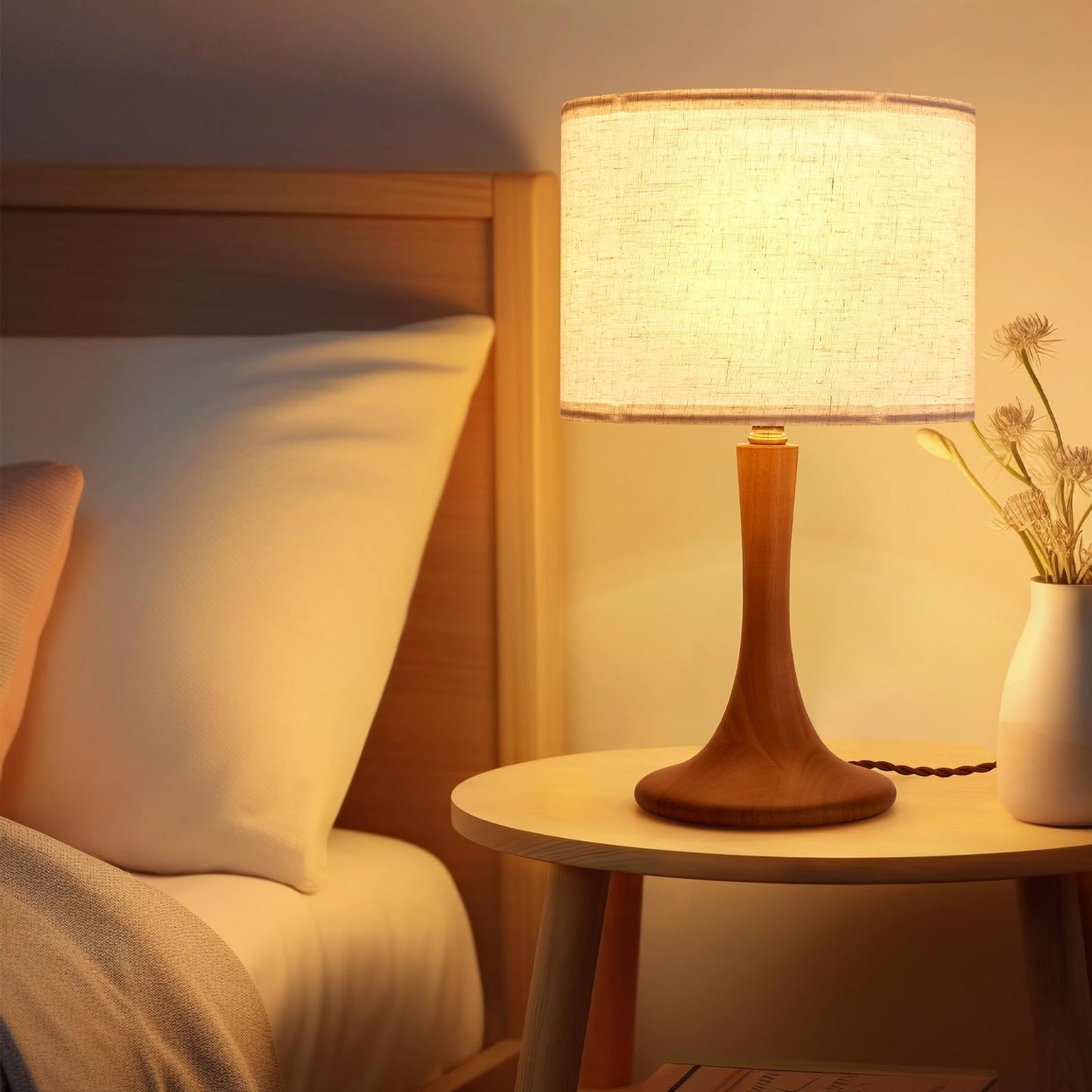 NUSRAN Bedside Table Lamp for Bedroom, Nordic Plug in Fabric Shade & Solid Wood Base Desk Lamp, Plug & Play Natural Wood Nightstand Lamp for Living Room, Office, Switch Power Cord 【Bulb Not Included】