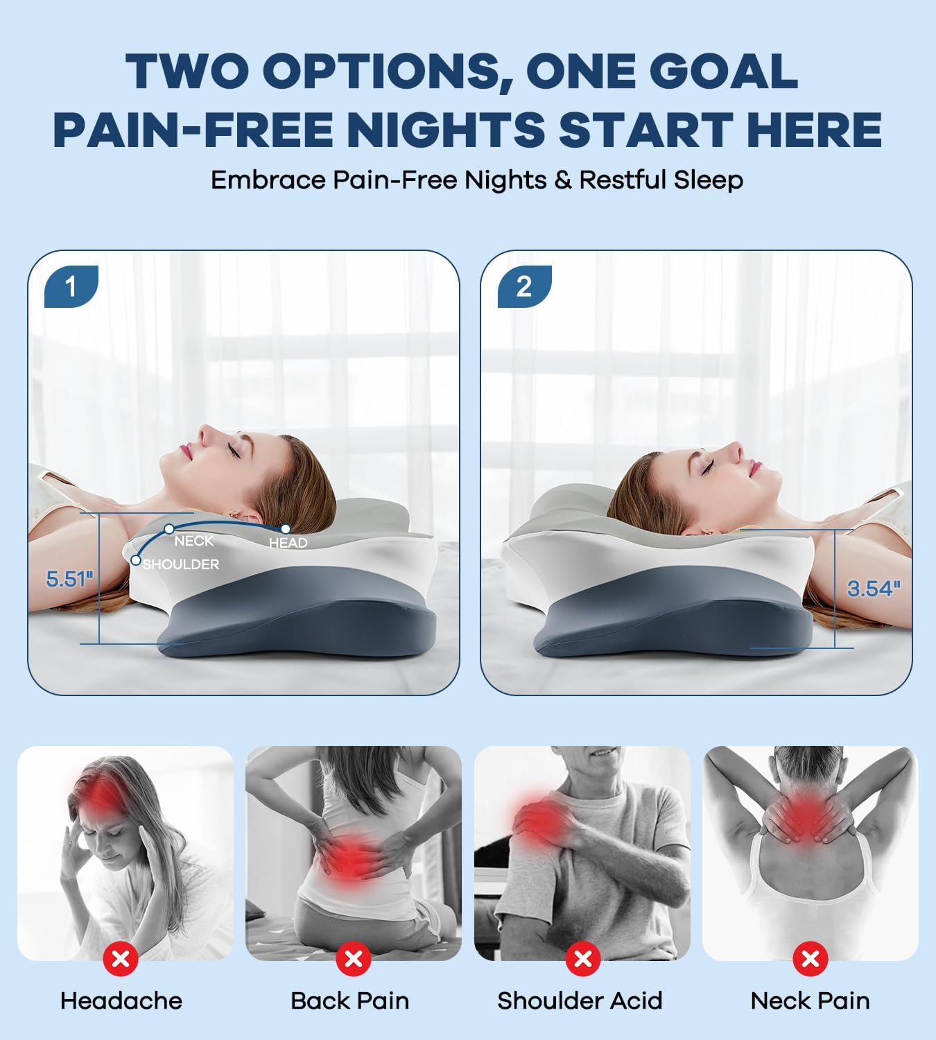 DONAMA Cervical Pillow for Neck and Shoulder Pain Relief, Cooling Contour Memory Foam Pillow, Dual-Height Ergonomic Neck Support Pillow for Side Back Stomach Sleepers with Removable Pillowcase