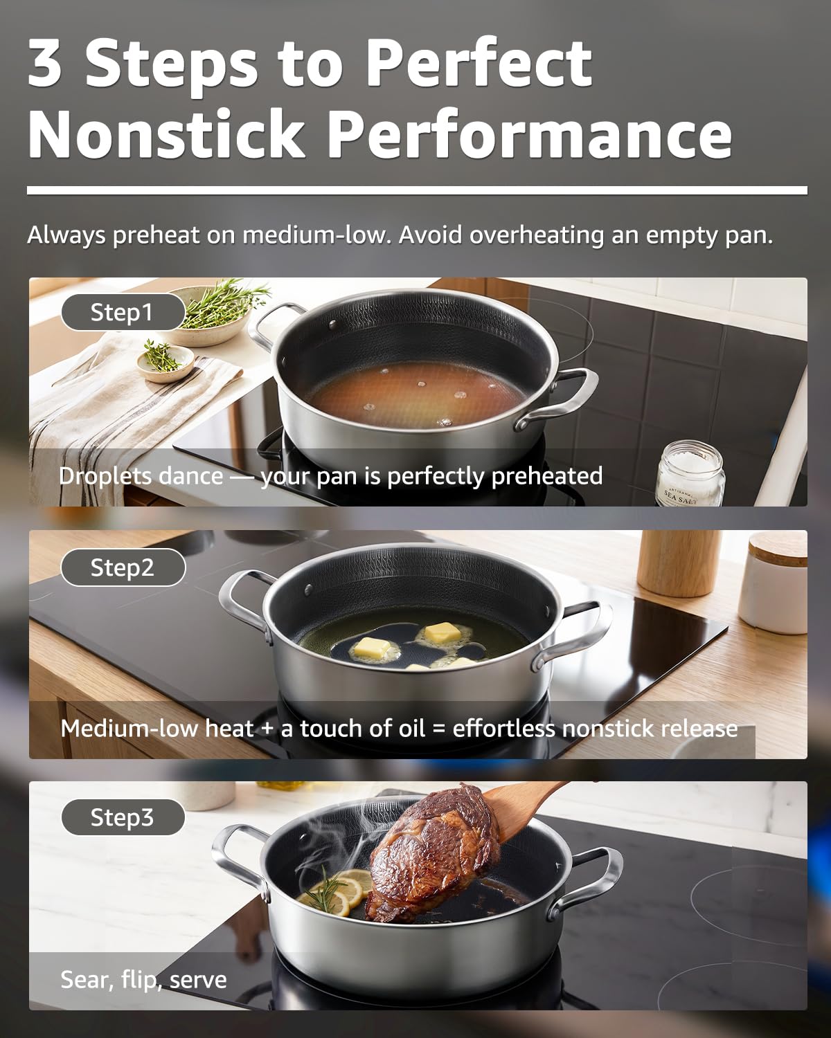 LOLYKITCH 5 QT Hybrid Ceramic Non Stick Tri-Ply Stainless Steel Sauté Pan with Lid,12 Inch Jumbo Cooker,PFOA & PFOS Free,Induction Cooking Pot, Dishwasher and Oven Safe