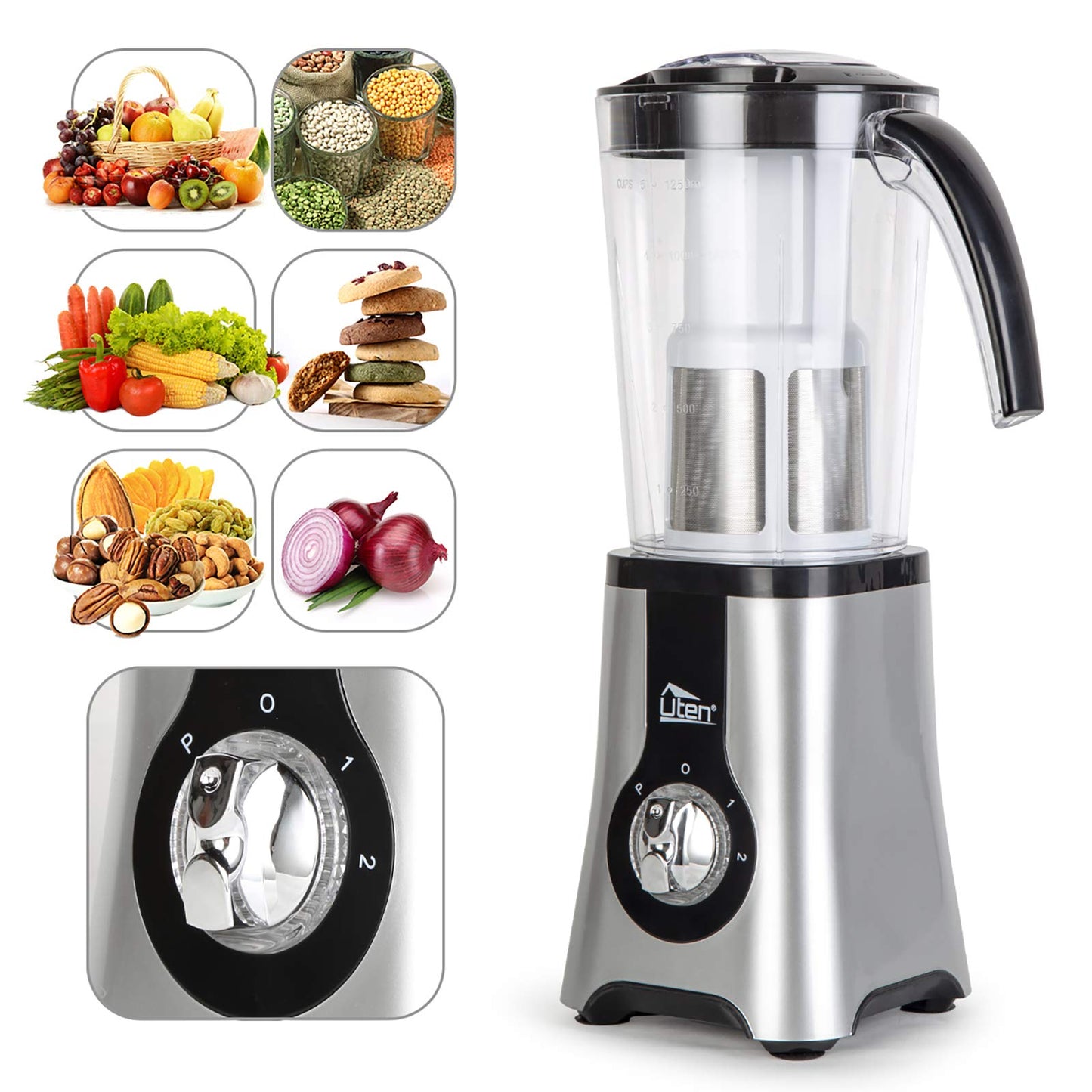 Uten 5-in-1 Smoothie Blender 42 oz/1.25L, Multi-Functional Mixer, Smoothie Maker, Juicer, Grinder with 304 Stainless Steel Blades, BPA-Free, Dishwasher Safe, Includes 3 Blender Cups & 2 Travel Bottles