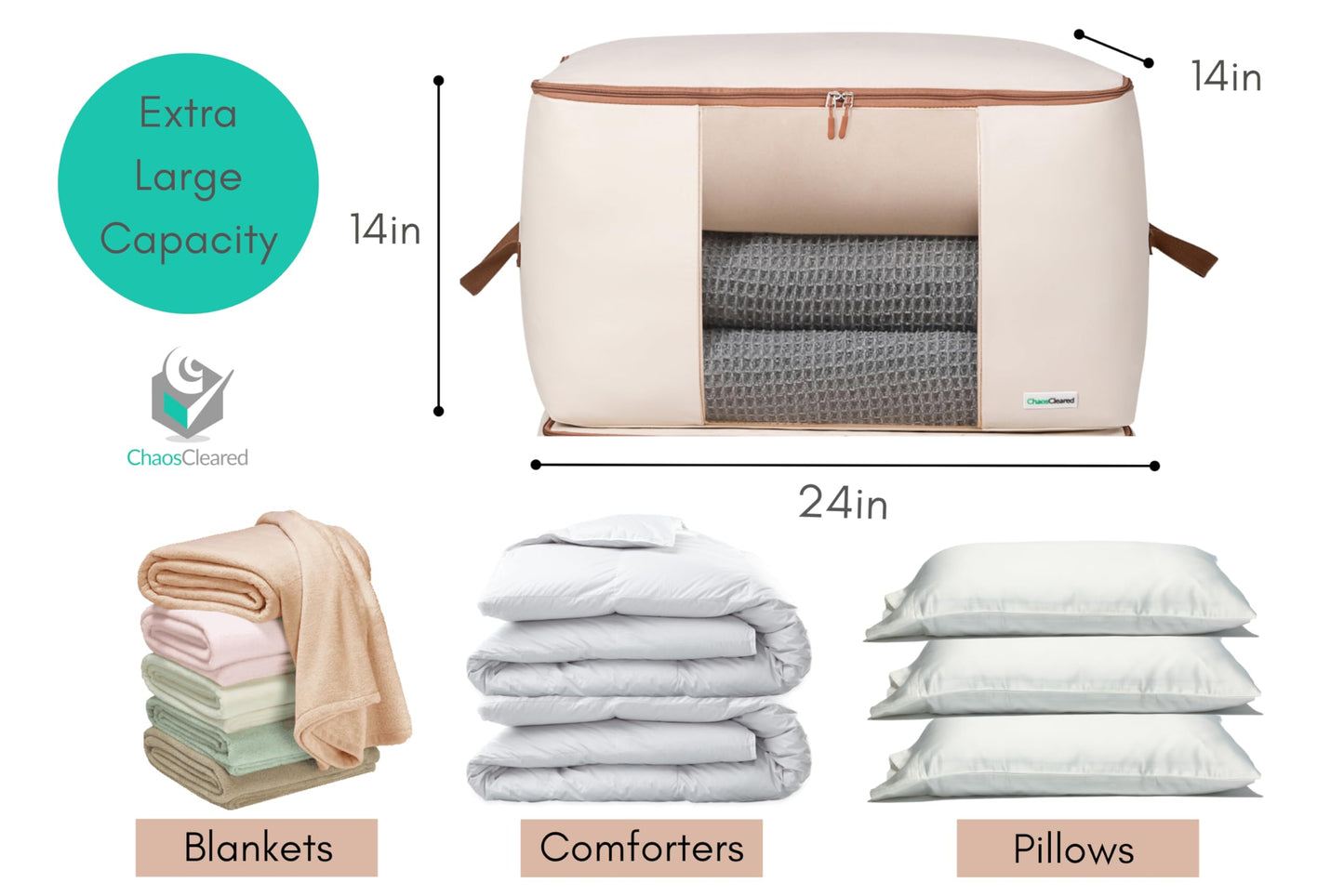 Chaos Cleared Canvas Storage Bags Designer Organizer for Comforters 2 Pack – Seasonal Storage for Pillows, Blankets, Linens & Garments – Foldable Design with Zip & Window, Moth-Proof Space Saver