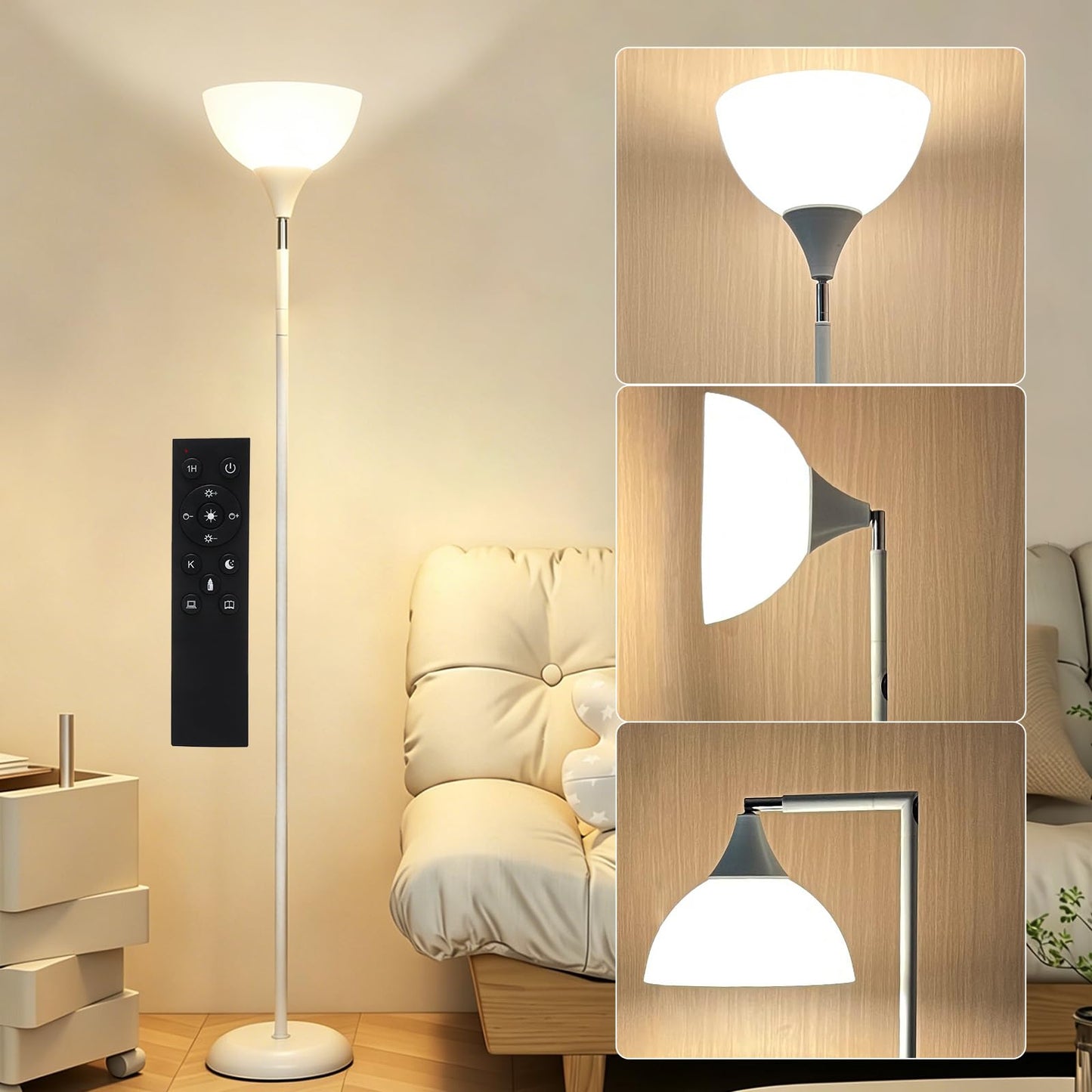 Anrotix Flexible 90-Degree Foldable Floor Lamp - Remote Control, Stepless Color Temp & Brightness, Space-Saving Adjustable Standing Light for Bedroom, Office, Living Room & Study White