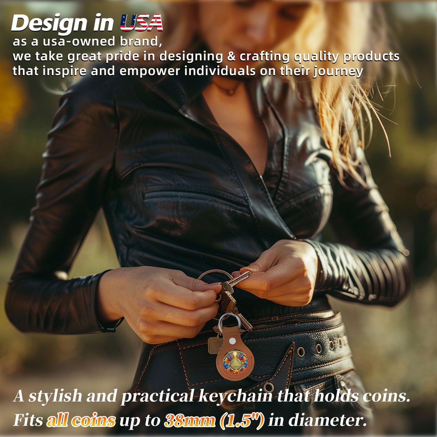 IELCJJ 5PCS Premium Leather Coin Holder - Handmade Sobriety AA Coins Chip Keychain - Displays Both Sides of Sober Token Medallion Pet Challenge Coin - Brown Waterproof Scratchproof Soft PVC Key Ring