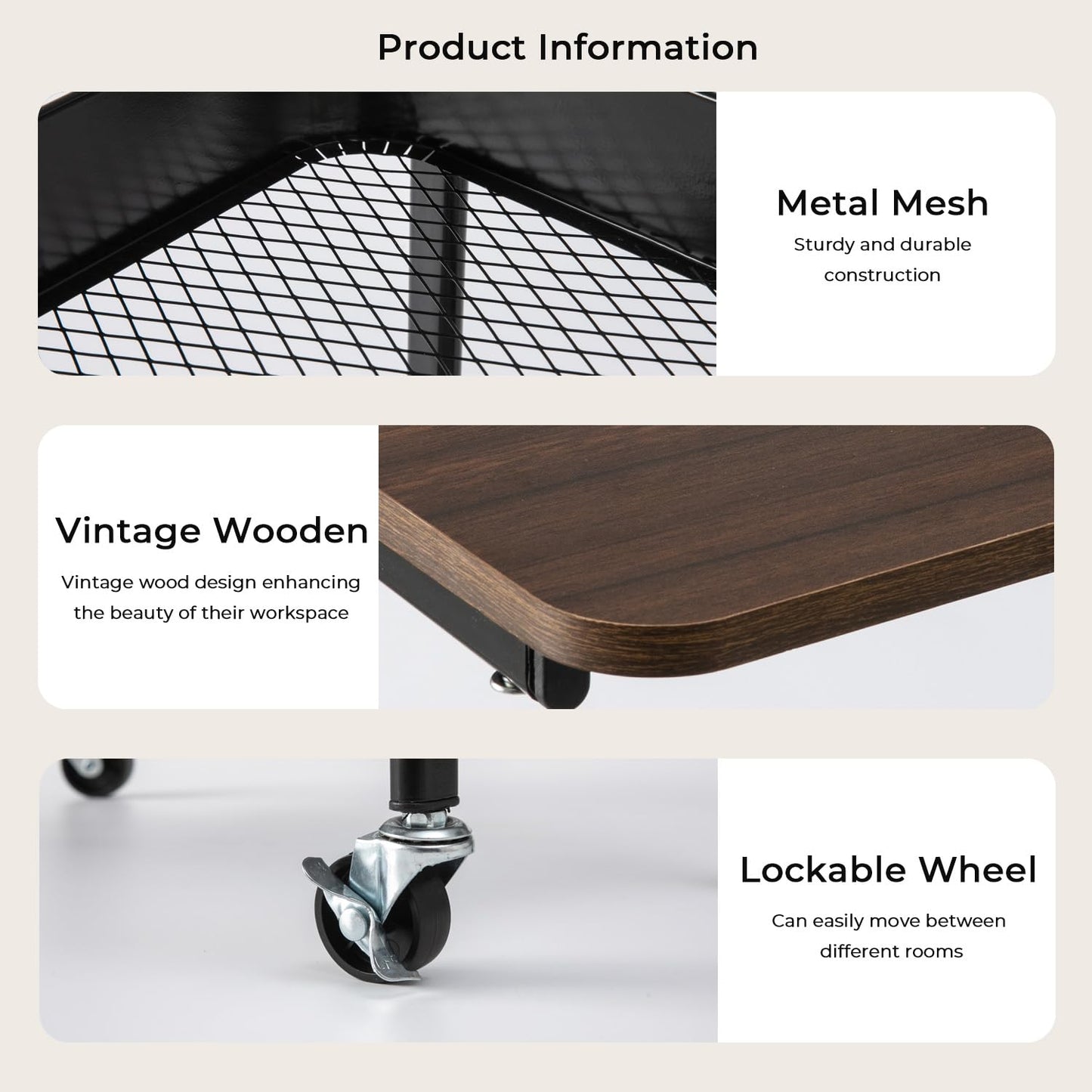 Beramon 3-Tier Metal Rolling Utility Cart with Wooden Tabletop, Mobile Storage Organizer with Lockable Wheels for Kitchen, Bathroom & Home