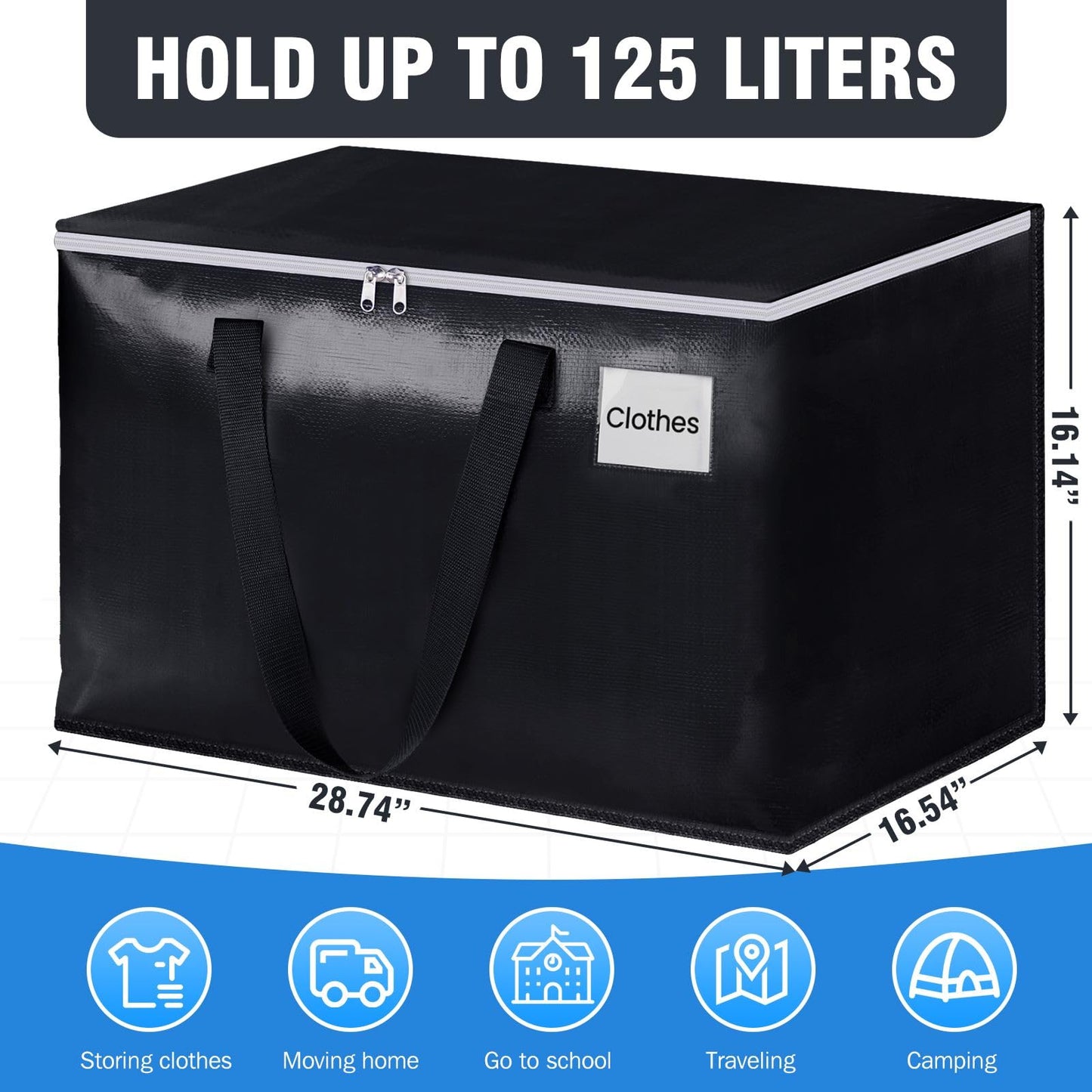 BlissTotes Moving Bags, Heavy Duty Moving Boxes with Zippers Top and Sturdy Handles, Storage Bags for Space Saving and Packing, Collapsible Moving Supplies, Storage Totes (125L, 8-Pack, Black)
