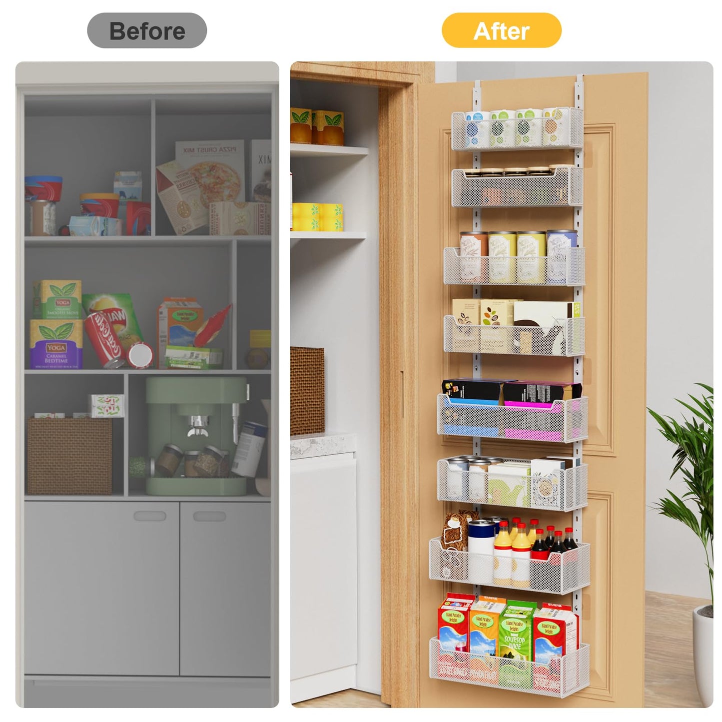 VyGrow Over the Door Organizer, 8-Tier Pantry Organizer with Fully Enclosed Mesh Baskets, Heavy-Duty Metal Hanging Spice Rack for Kitchen Bathroom Laundry Room, 2-in-1 Wall Mount or Door Mount, White