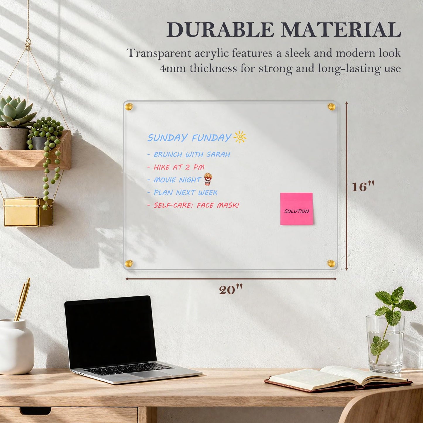 QUEENLINK Acrylic Dry Erase Board for Wall, 20 "x 16" Black Non-Magnetic Acrylic Wall Memo Board, Large Clear Family Planner White Board for Home and Office - Blank