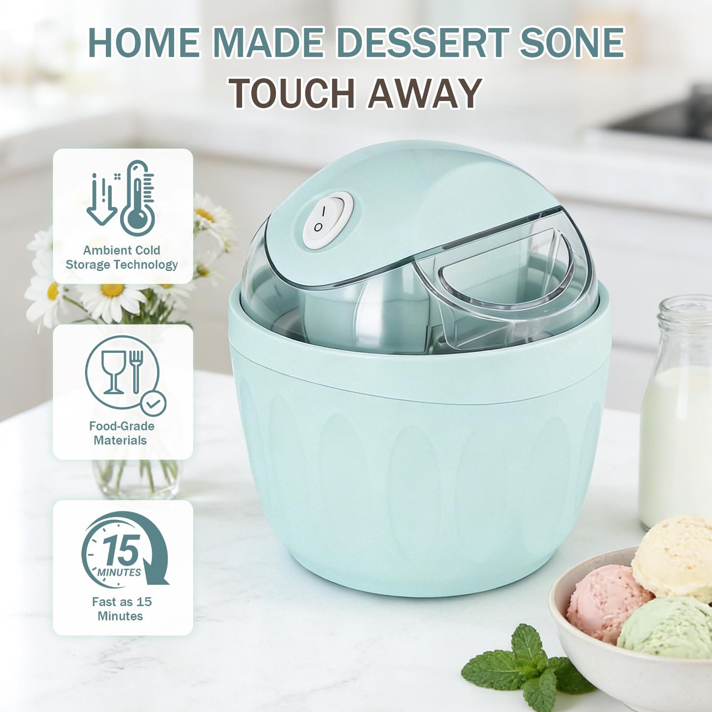 Mini ice Cream Maker, Single Serve Ice Cream Maker,One-Touch Dessert Maker, Single Serving of Gelato, Frozen Yogurt, Compact Electric Makers for Kitchen, Just 15 Minutes
