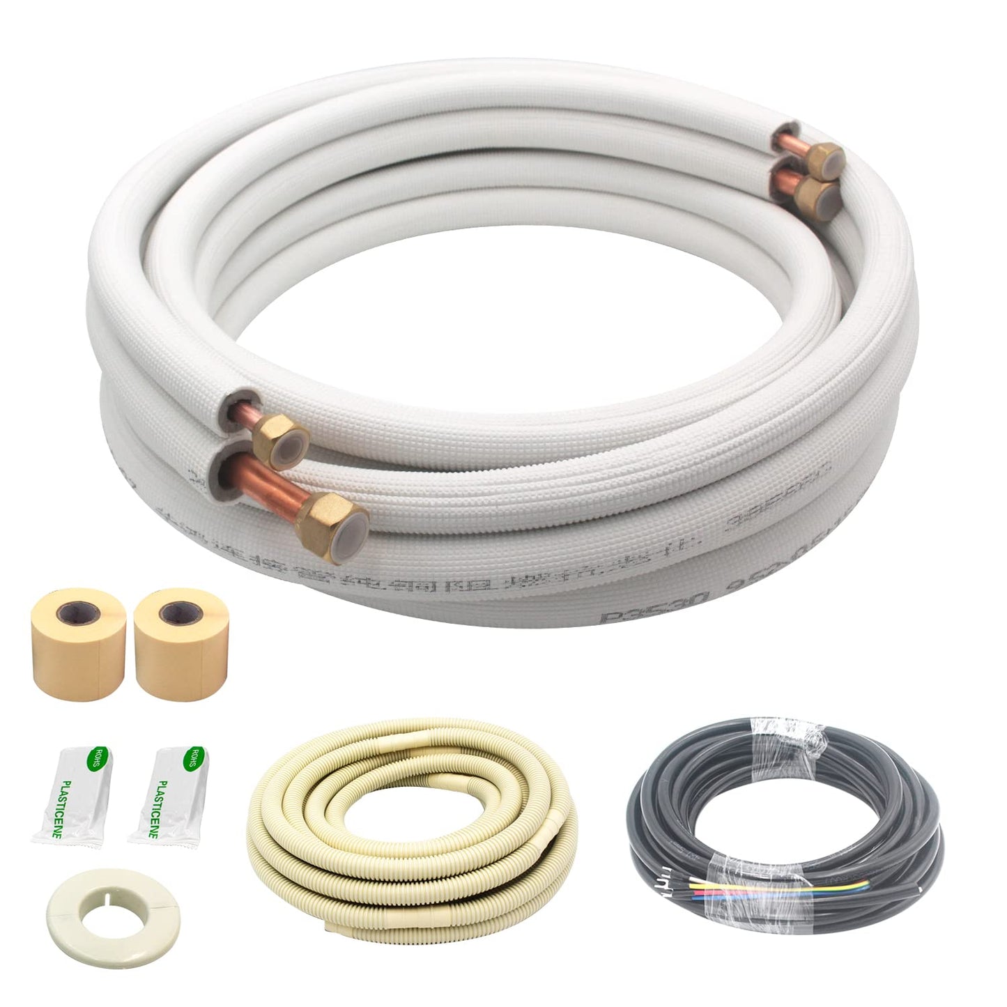 16ft Length Mini Split Line Set,1/4" 5/8" OD Copper Pipes Tubing and 3/8 White PE Thickened Insulated Coil with Flared Nuts for Mini Split Air Conditioner HVAC or Heat Pump System. (16Ft(1/4+5/8))