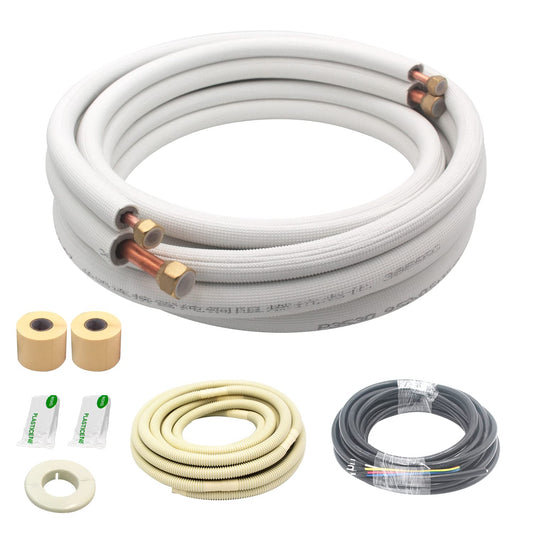16ft Length Mini Split Line Set,1/4" 5/8" OD Copper Pipes Tubing and 3/8 White PE Thickened Insulated Coil with Flared Nuts for Mini Split Air Conditioner HVAC or Heat Pump System. (16Ft(1/4+5/8))
