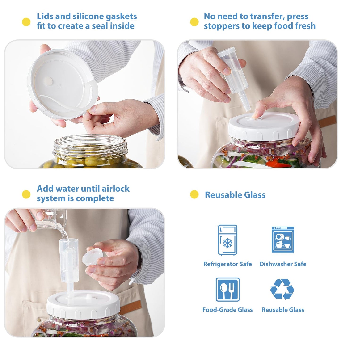 2 Pack Large Fermentation Jars, 1.5 Gallon Glass Jars with 100% Airtight Lid & 3 Airlocks, Large Mason Jars with Scale Line, Pickle Jar, Sourdough Starter Jar for Veggies, Sauerkraut, Kombucha