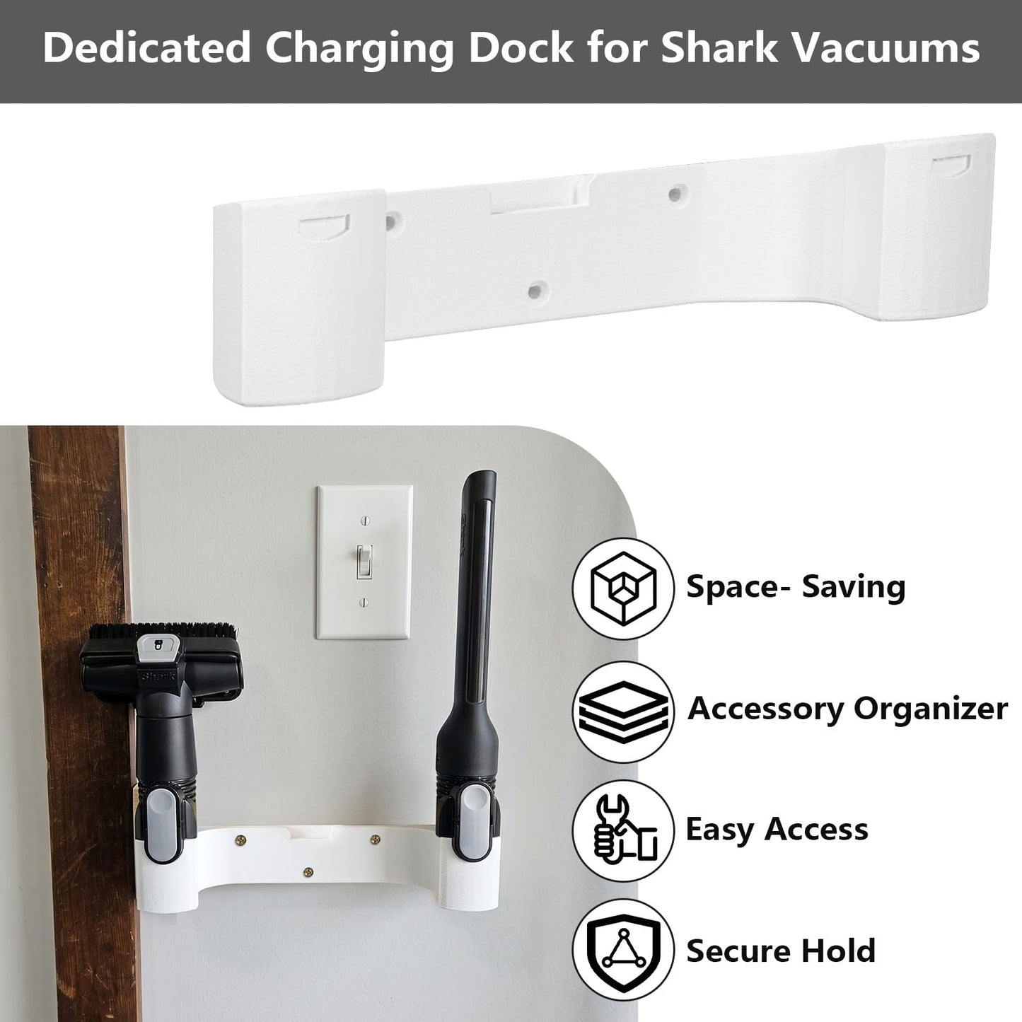 Wall Mount compatible with Shark Vacuum, Storage Bracket with Dual Attachment Holder for Cordless Vacuum Cleaner, Wall Mounted Organizer for Garage and Home