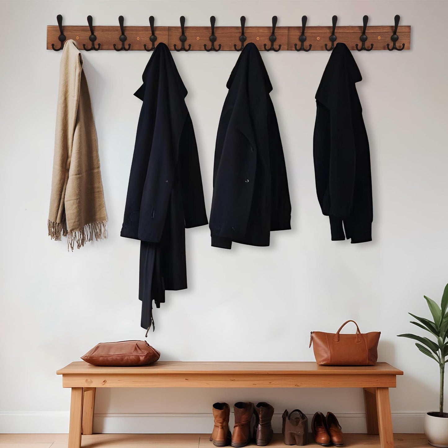 Homagic Wall Mount Coat Rack 47.3'' Burnt Brown Hanger - Rustic Towel Rack for Bathroom, Living Room - Hooks for Coats, Hats, Clothes