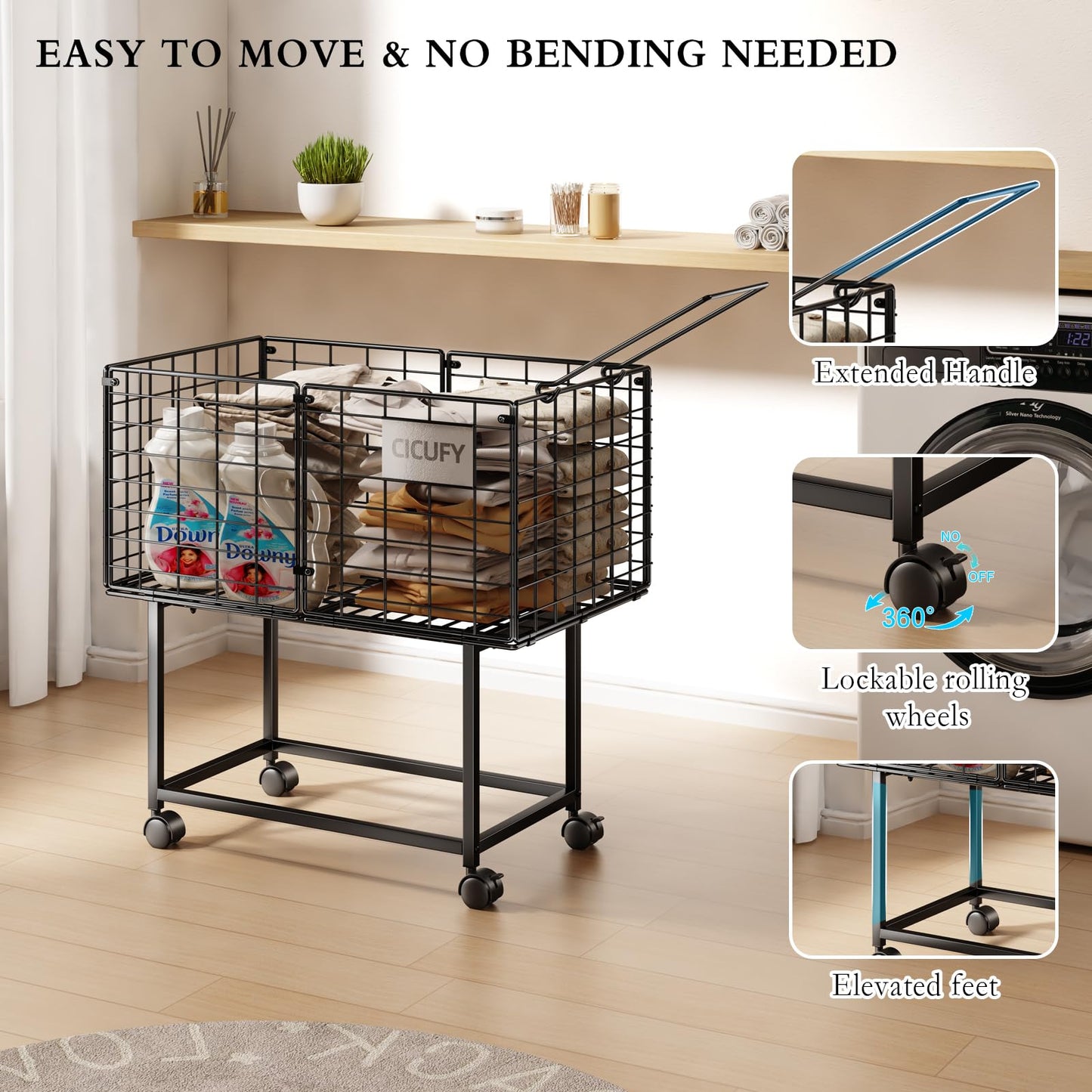CICUFY Rolling Laundry Cart, 80L Wire Laundry Hamper Basket on Wheels, Dirty Clothes Basket with Handle, Metal Clothes Hamper Organizer for Laundry Room, Bathroom, Bedroom, Dorm, Black