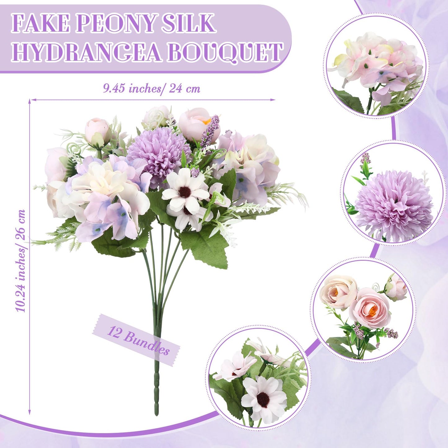 Tigeen Peonies Artificial Flowers Faux Roses Silk Flowers Hydrangea Artificial Bouquet for Wedding Table Centerpiece Floral Vase Home Office Bridal Decor(Purple,12 Bundles)