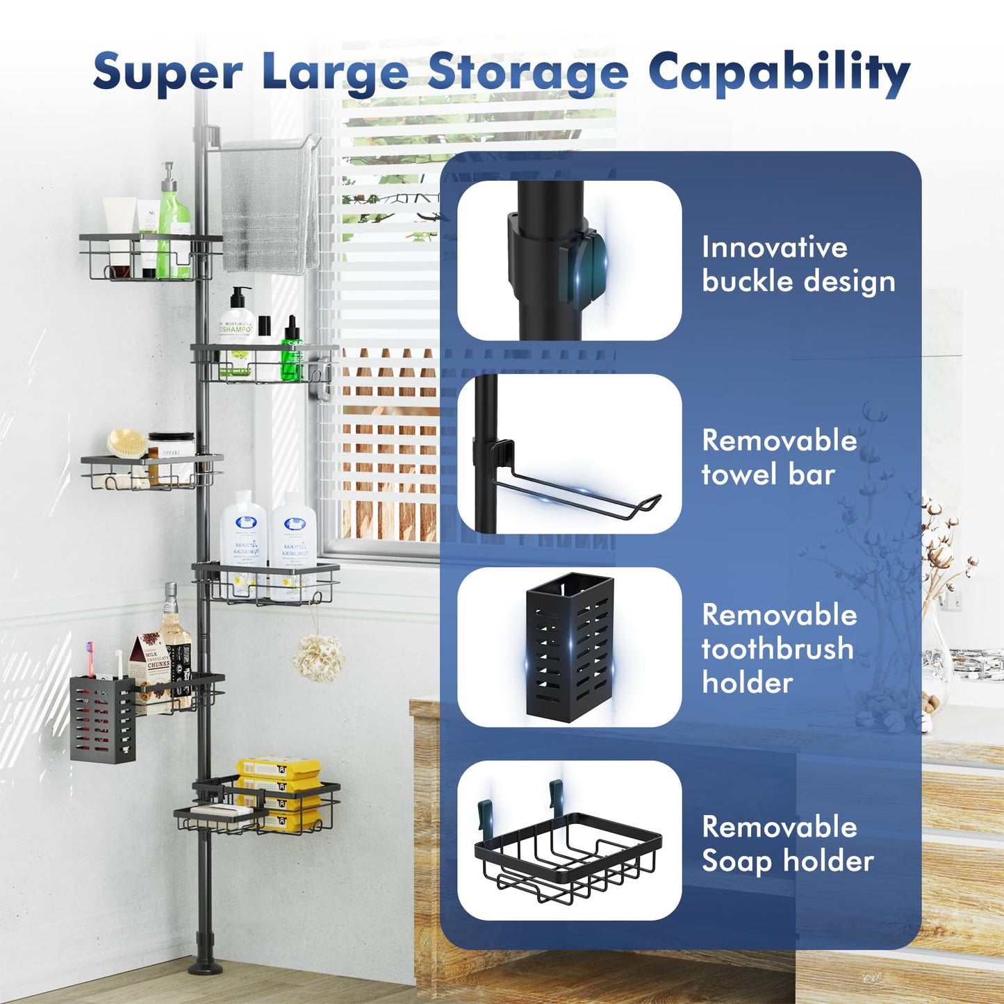 Shower Caddy Organizer Tension Pole, Rustproof 6-Pack Corner Shelf with 30-120 Inch Adjustable Shower Rack for Inside Shower, Extra Towel Bar & Soap Dish for Bathroom Organizers and Storage, Black