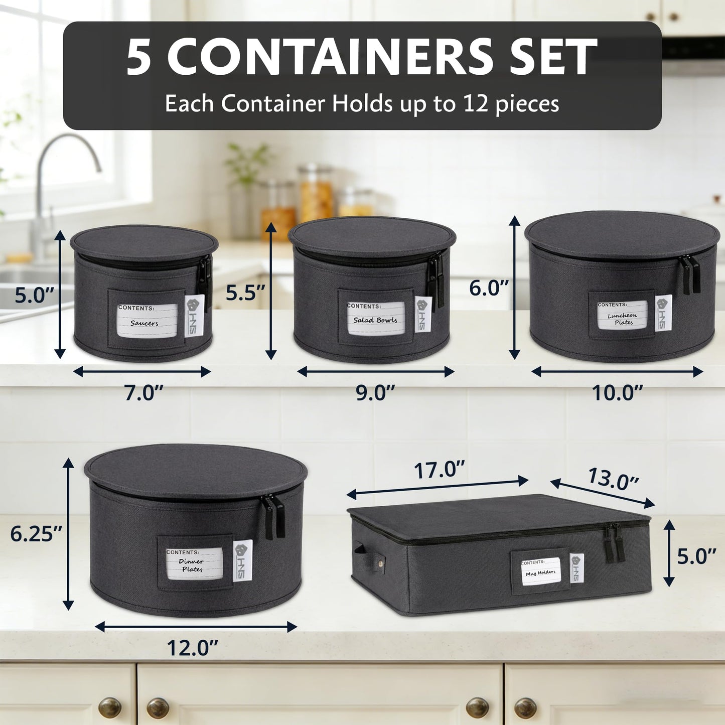 China Storage Hard Shell Containers 5-Piece Set Moving Boxes for Dinnerware, Glasses, Plates, Mugs and Saucers Sturdy Dish Organizer with Dividers for Seasonal Storage - Service for 12 - Black Quilted