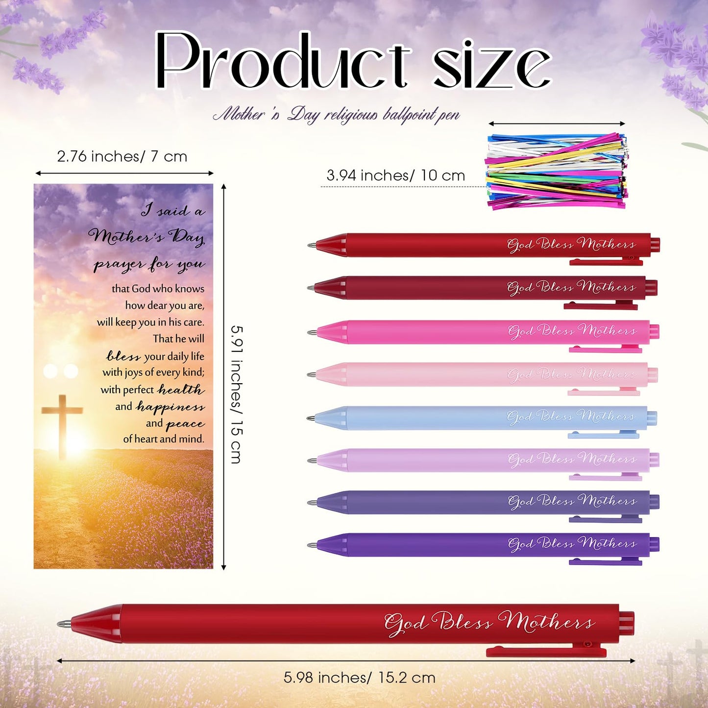 Eersida 100 Sets Mothers Day Gifts for Church Bulk God Bless Mothers Day Pens 8 Colors Christian Pens Bible Verse Ballpoint Religious Gift Cards Christian Cards with Ties for Church Birthday