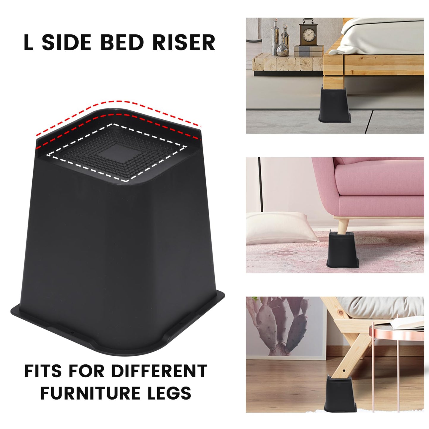 MYMULIKE Bed Risers 8 inch, Oversized Furniture Risers, Support Up to 6000 Lbs, Lift 8 inch for Couch, Sofa, Table,Chair (Black 4 Pack, 8 inch)