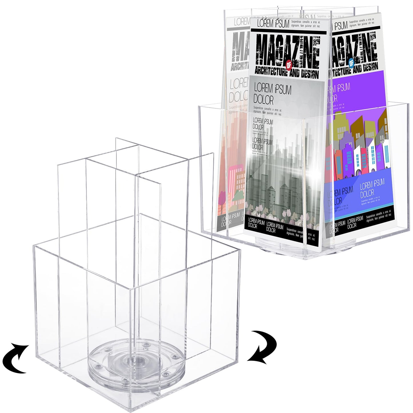 Suzile 2 Pcs Clear Acrylic Rotating Brochure Holder for 4 Pocket Spinning Pamphlet Holder 360° Sticker Display Stand Organizer for Magazine Flyer Gift Card Countertop Tabletop Office, 6x 6 x 9 Inch