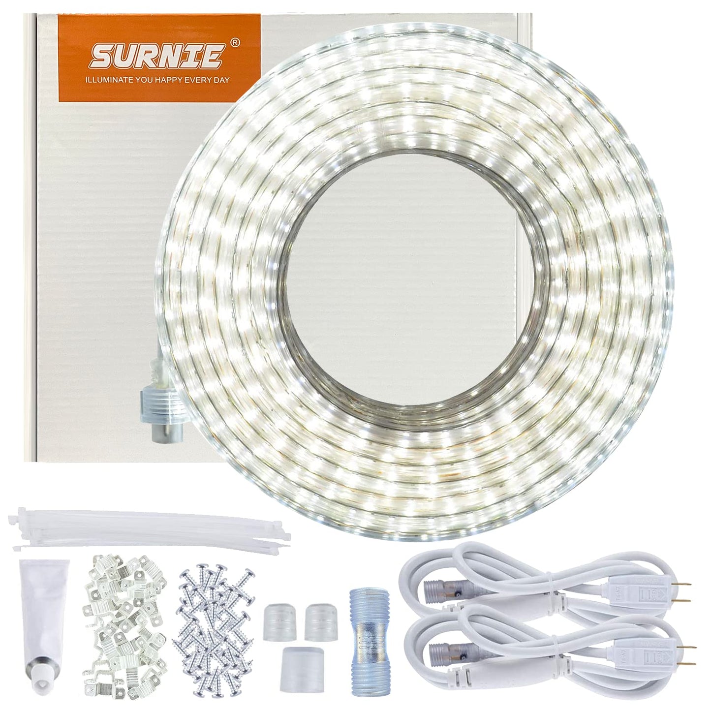 SURNIE 50ft LED Rope Lights Outdoor Waterproof, 110V Flexible Daylight White Bright Lighting Cuttable Connectable, Cool Clear Flat Strip Light 6000K for Outside Deck Patio Camping Decor, Not Tube Rope