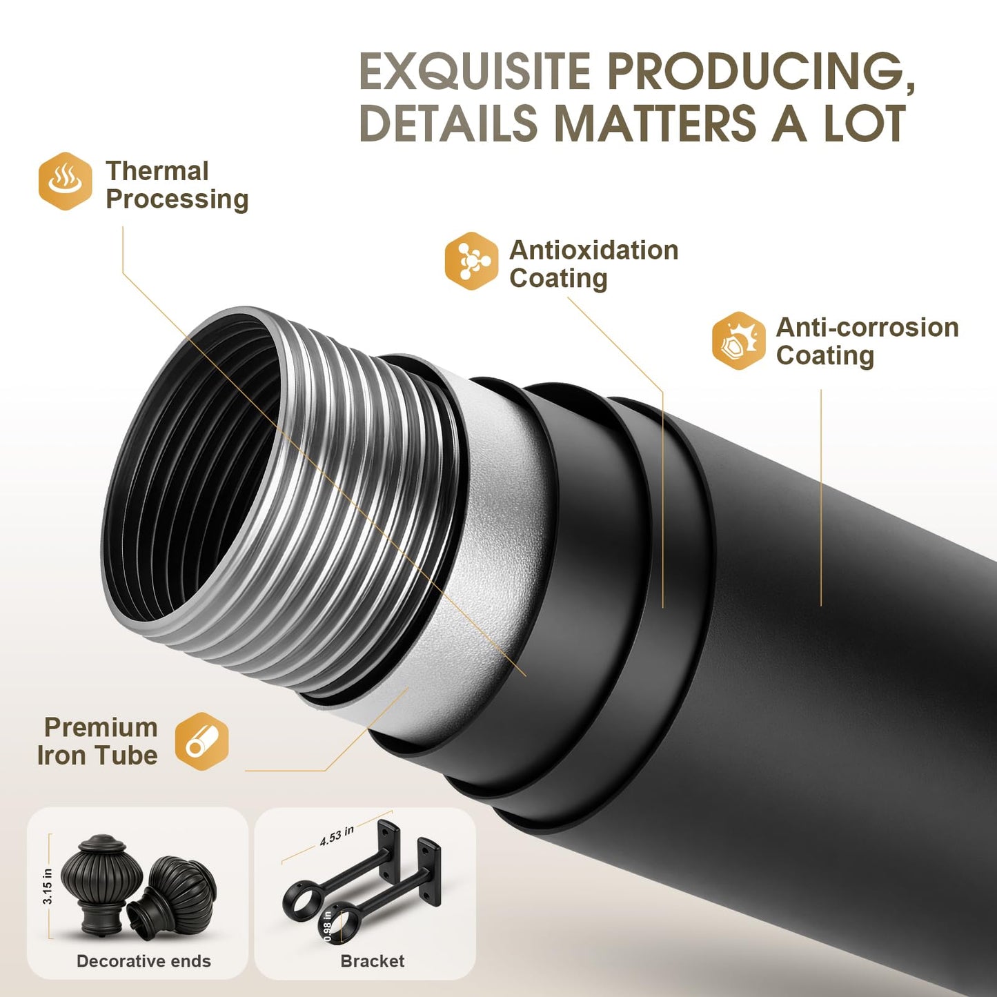Heavy Duty Steel Curtain Rod Adjustable 32-240 Inches, 1 Inch Diameter Curtain Rod for Wide Windows - Black Space-Saving Design with Brackets