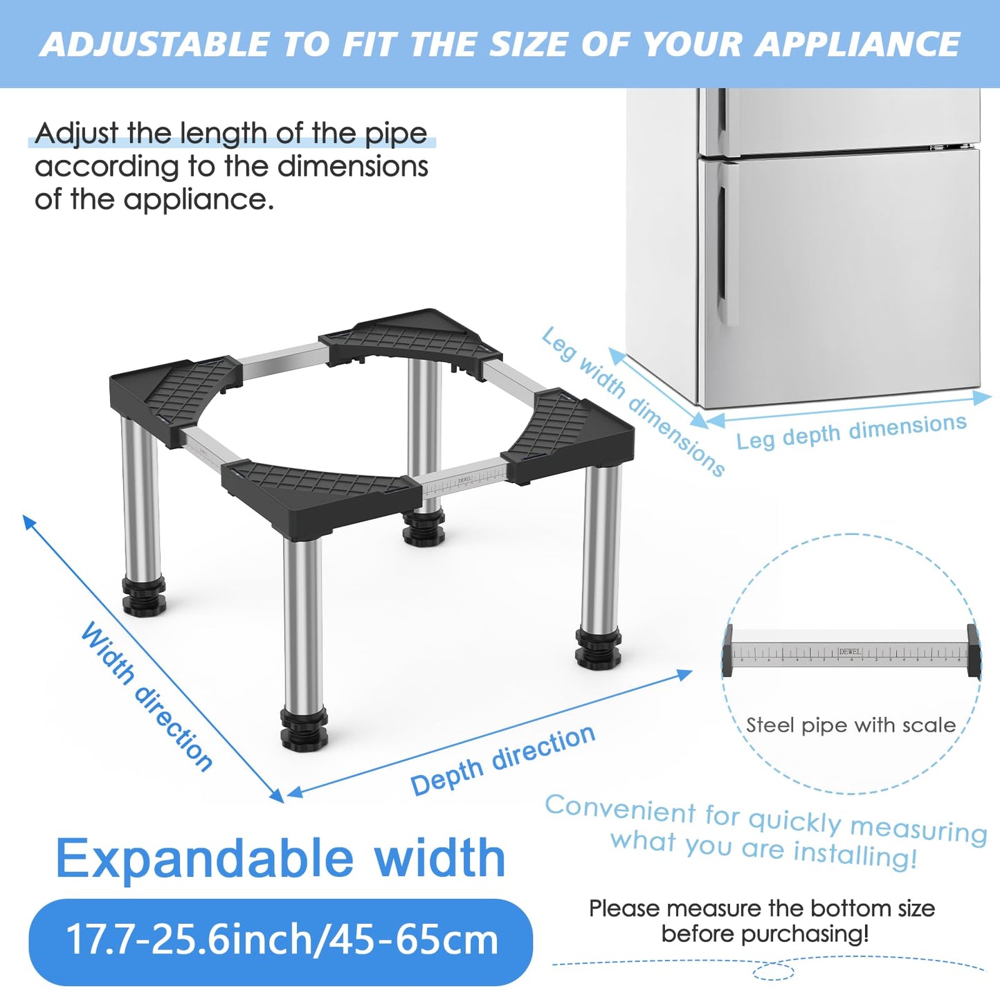 Mini Fridge Stand Height 13"-14.2" Adjustable Refrigerator Washing Machine Stand Base with 4 Strong Feet Anti-Vibration Washer Dryer Stand Laundry Pedestal Universal Appliance Stand Load 660LB-Black