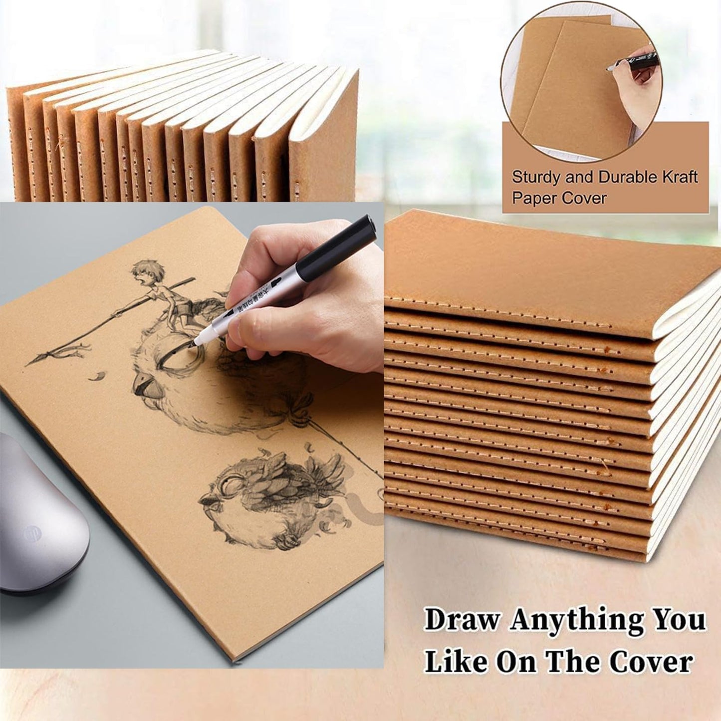 FAWTEEM 48 Pack A5 Lines Notebook Bulk Kraft Cover College Ruled, Lined Paper Travel Journals Composition Diary Subject Notebooks Planner, 60 Pages, 8.3”x 5.5”