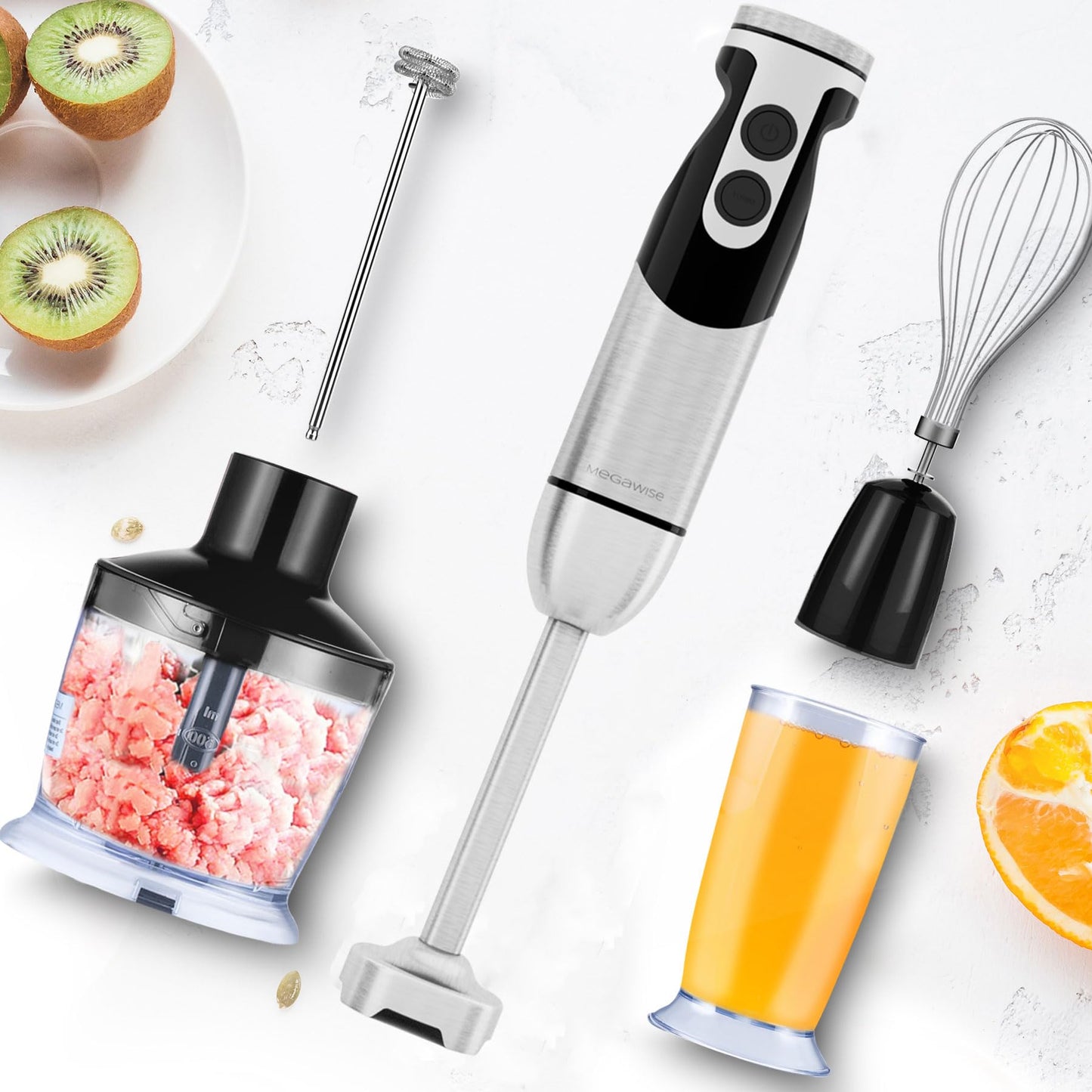 MegaWise Pro Titanium Reinforced 5-in-1 Immersion Hand Blender, Powerful Motor with 80% Sharper Blades, 12-Speed Corded Blender, Including 500ml Chopper, 600ml Beaker, Whisk and Milk Frother (Black)